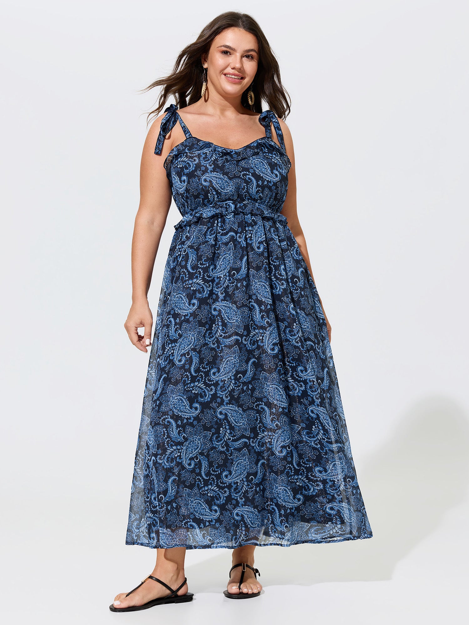 Paisley Print Shoulder-Tie Ruffled Maxi Dress