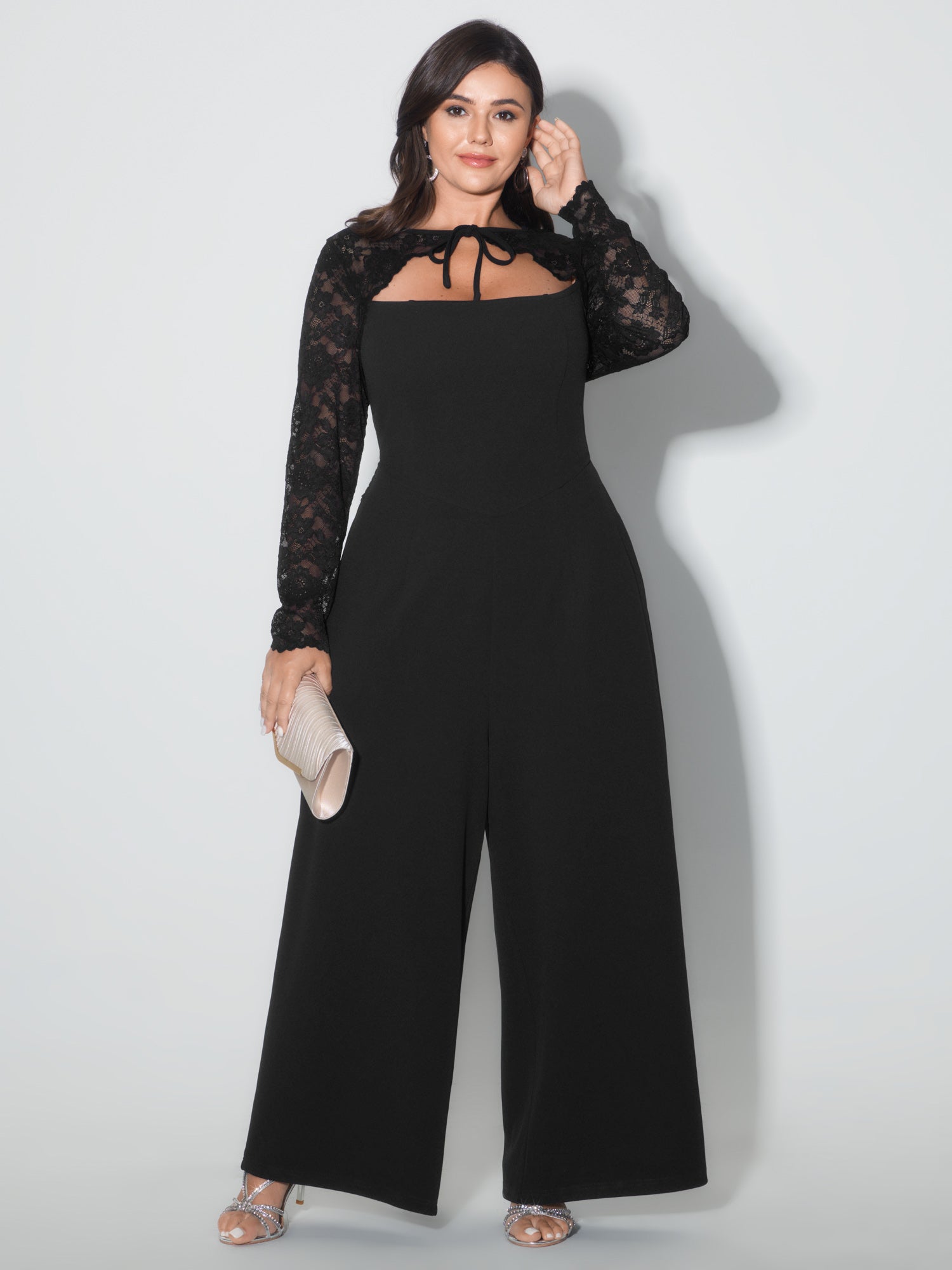 Sheer Lace Sleeve Cut-Out Neckline Jumpsuit