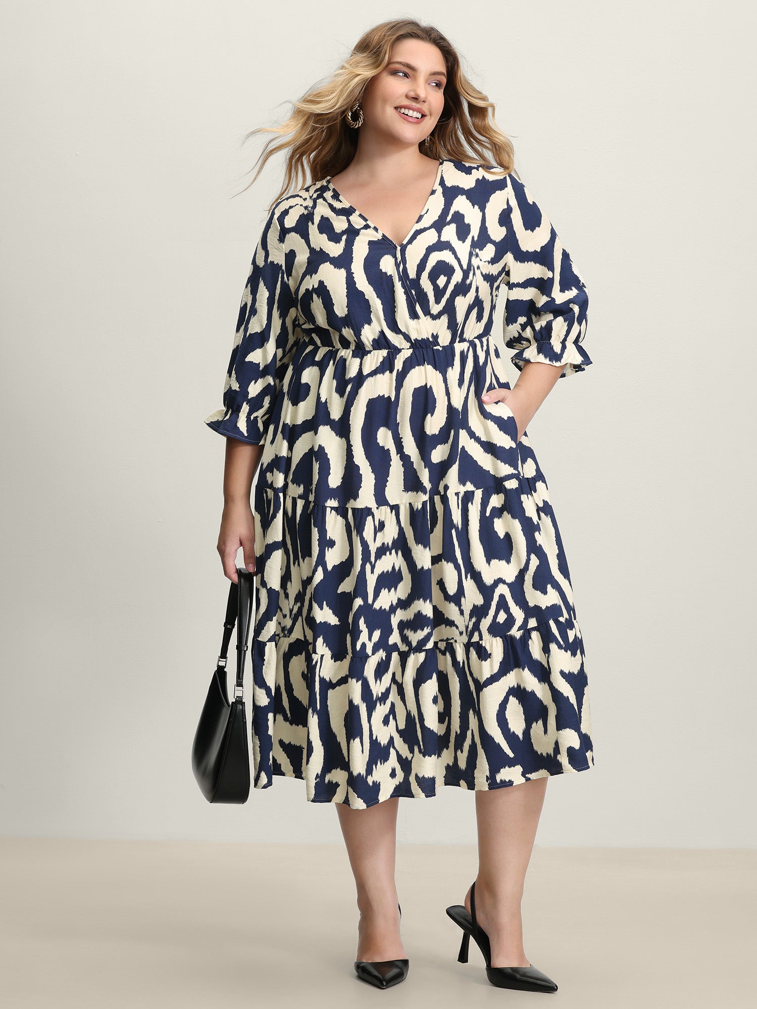 Abstract Print Cinched-Waist Midi Dress