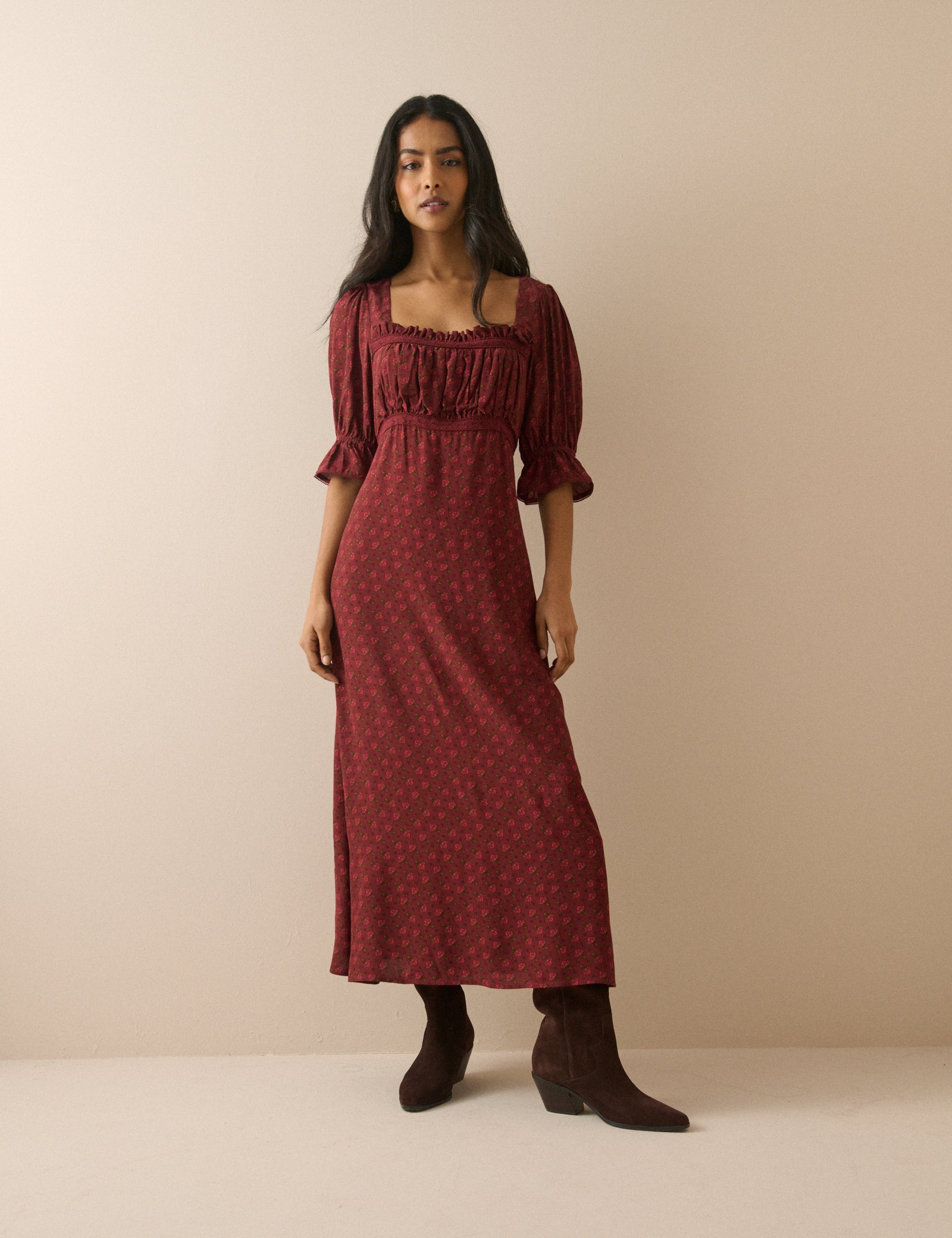 Red Floral Frill Trim Winslet Midi Dress