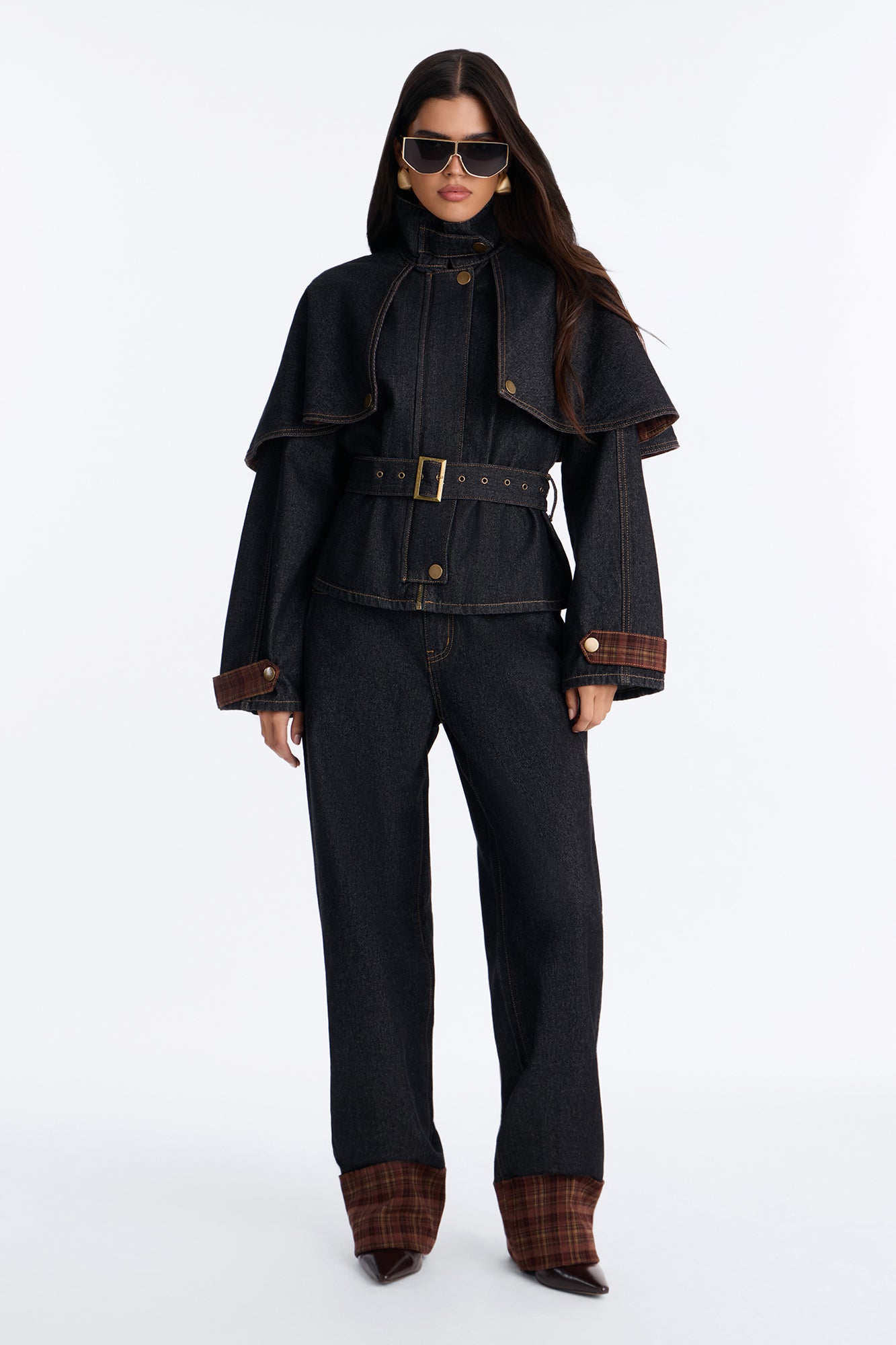 Isolde Plaid Cuffed Straight Leg Jeans - Black