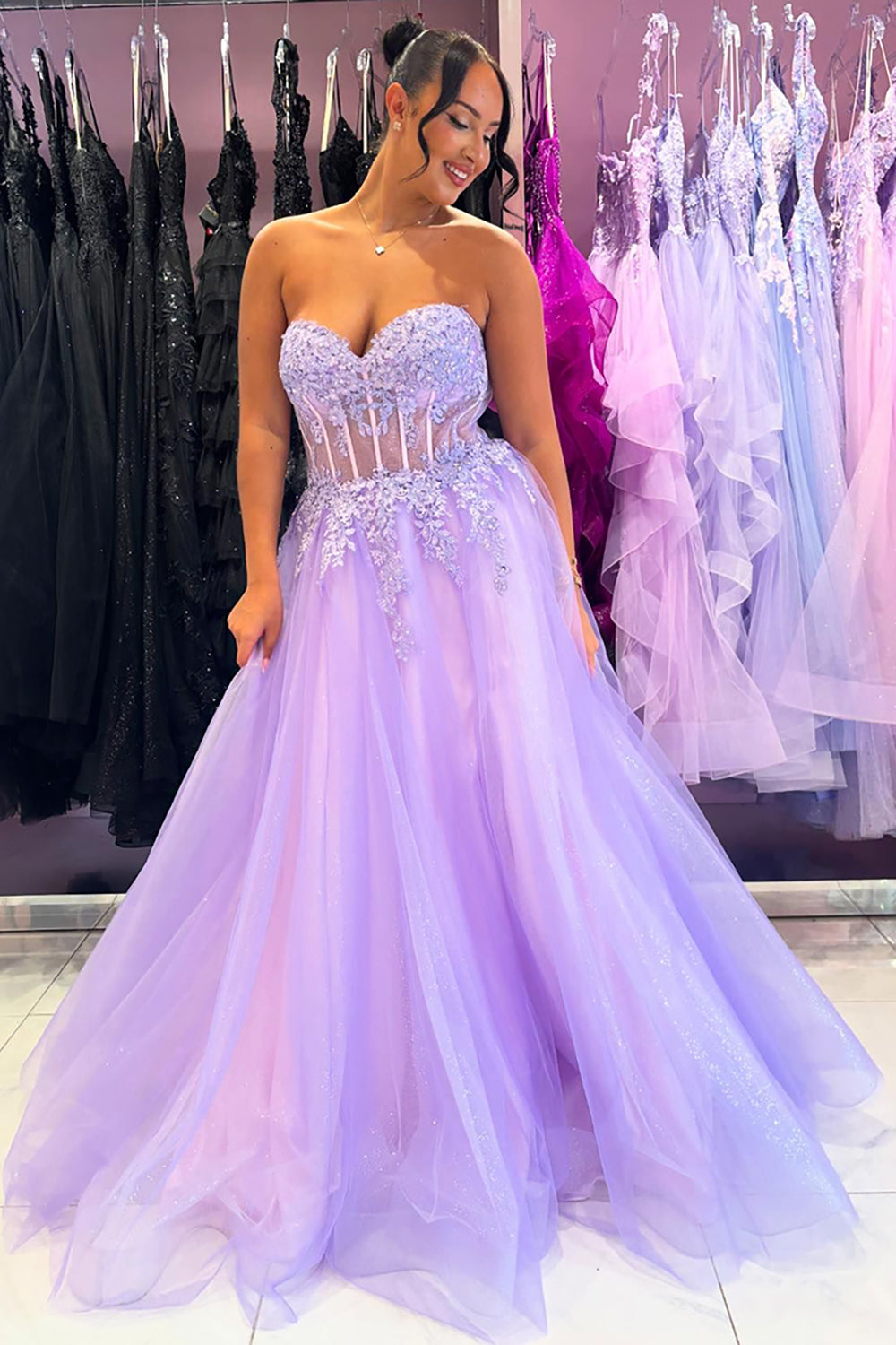 Long Corset Prom Dress in Lilac with Sweetheart Neckline and A-Line Tulle Skirt Embellished with Appliques