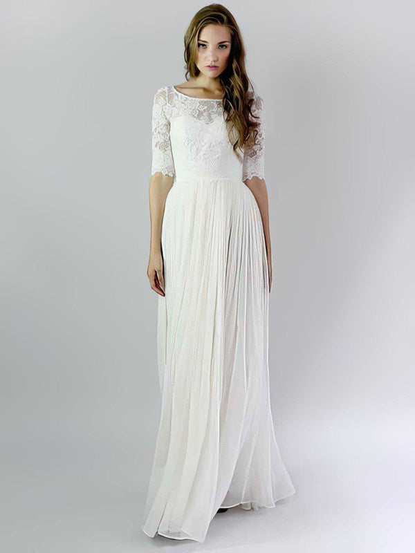 Fashionable A-Line Bateau Half Sleeves Lace Chiffon Floor-Length Wedding Dresses