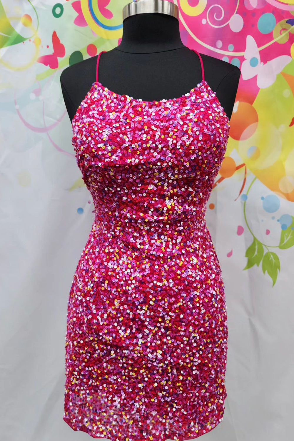 Sparkly Fuchsia Sequined Spaghetti Straps Tight Short Homecoming Dress/Mini Dress