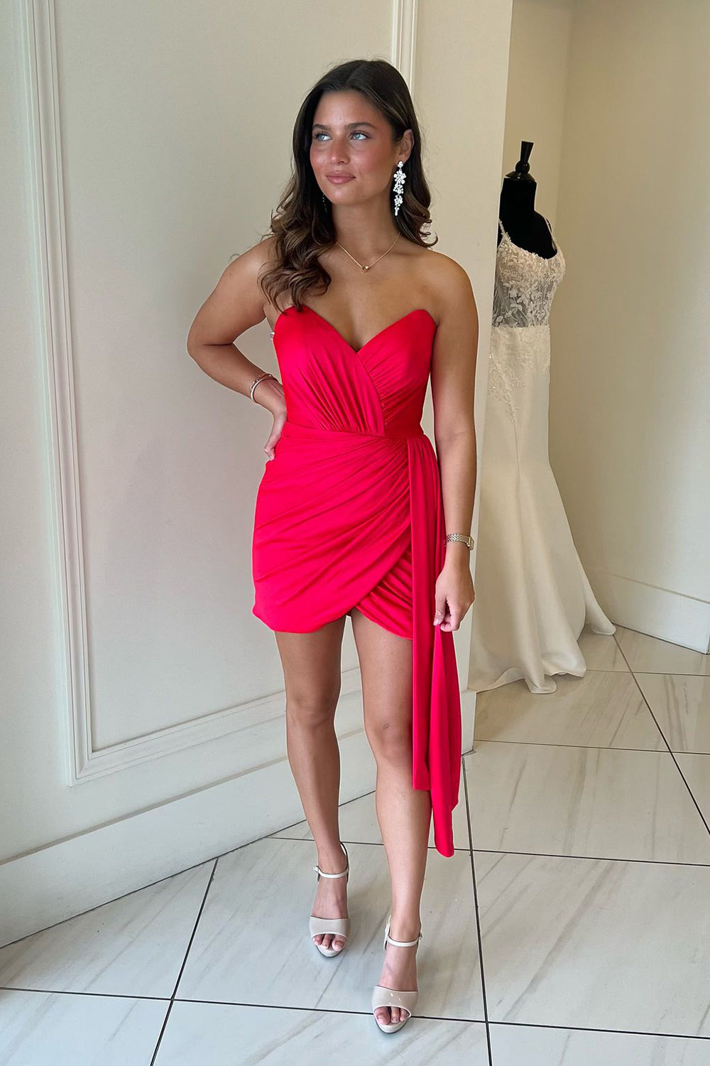 Red Strapless Ruched Tight Short Homecoming Dress/Mini Dress