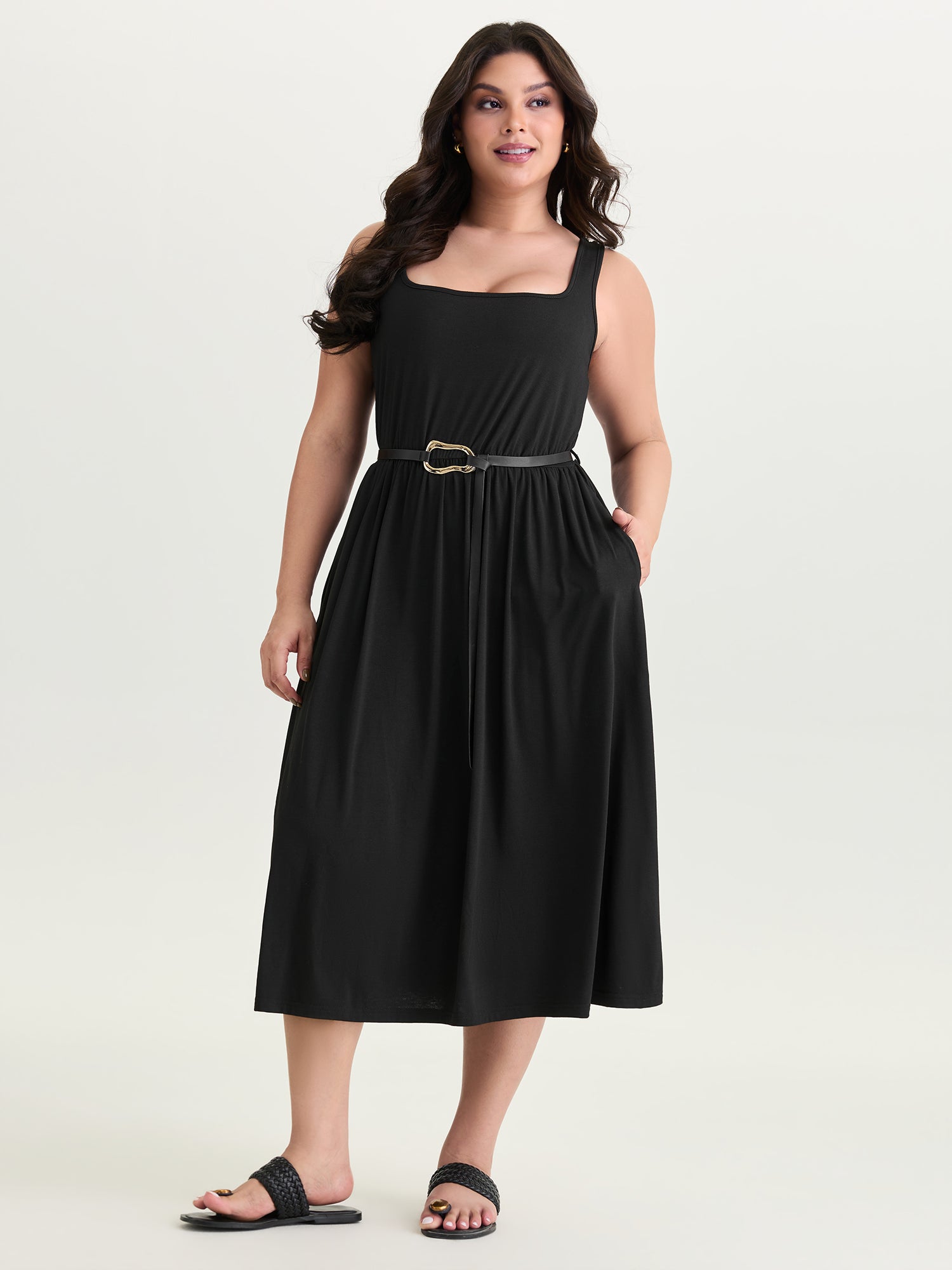 Stretchy Pleated Waist-Tie Midi Dress