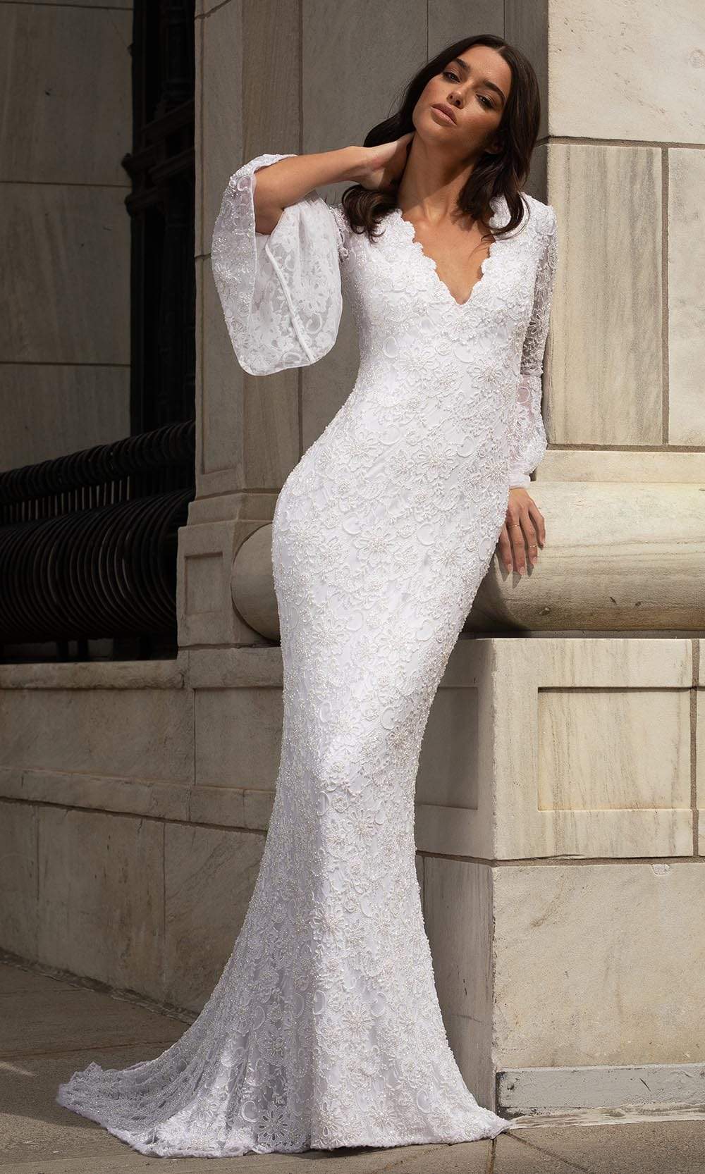 Primavera Bridal - 3593 Bell Sleeve Beaded Lace Bridal Gown