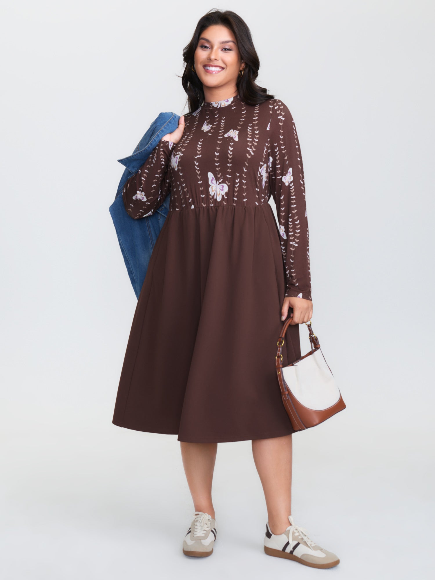 Butterfly Print Mockneck Midi Dress