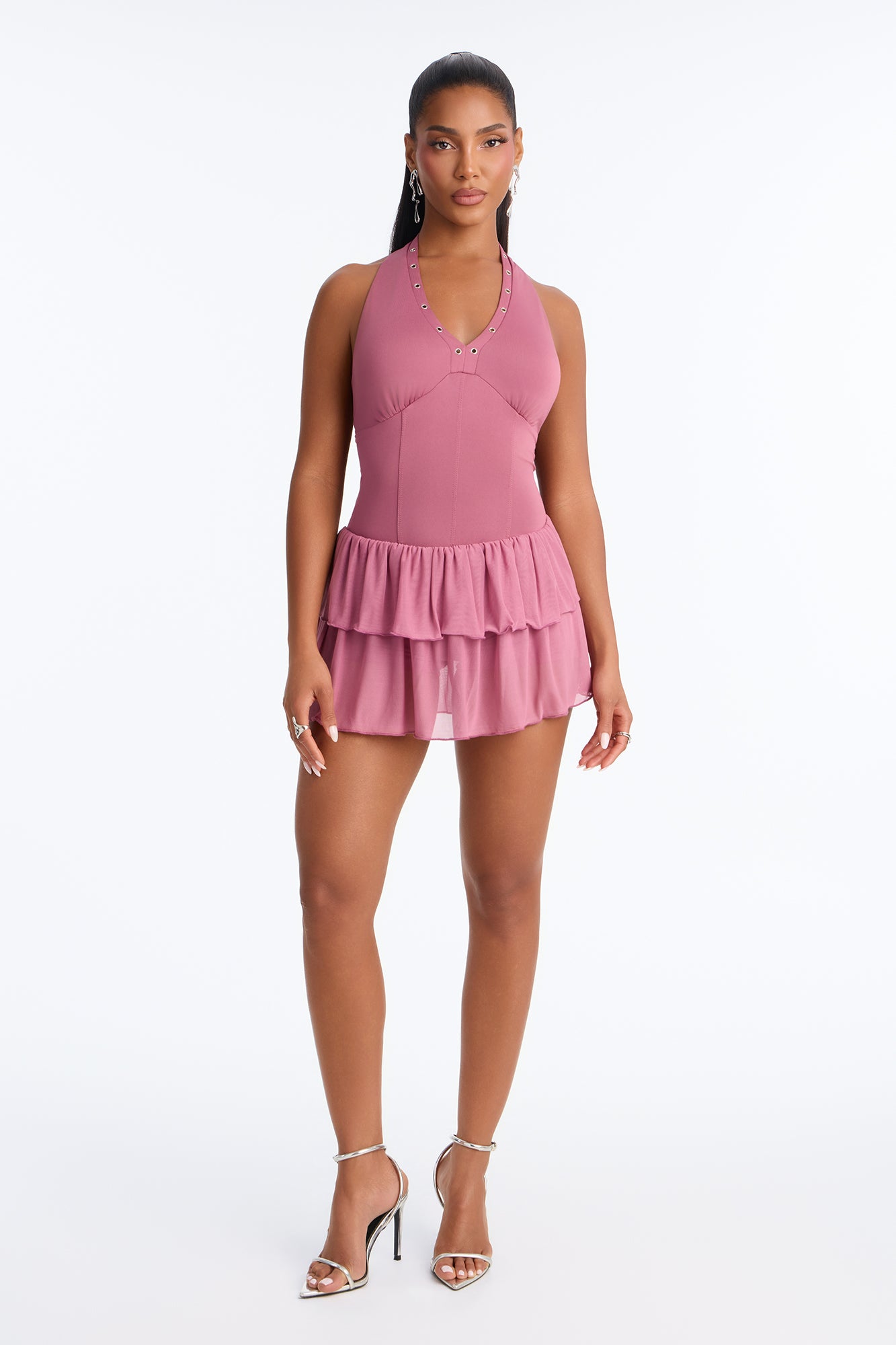 Sutton Halter Ruffle Mini Dress - Mauve