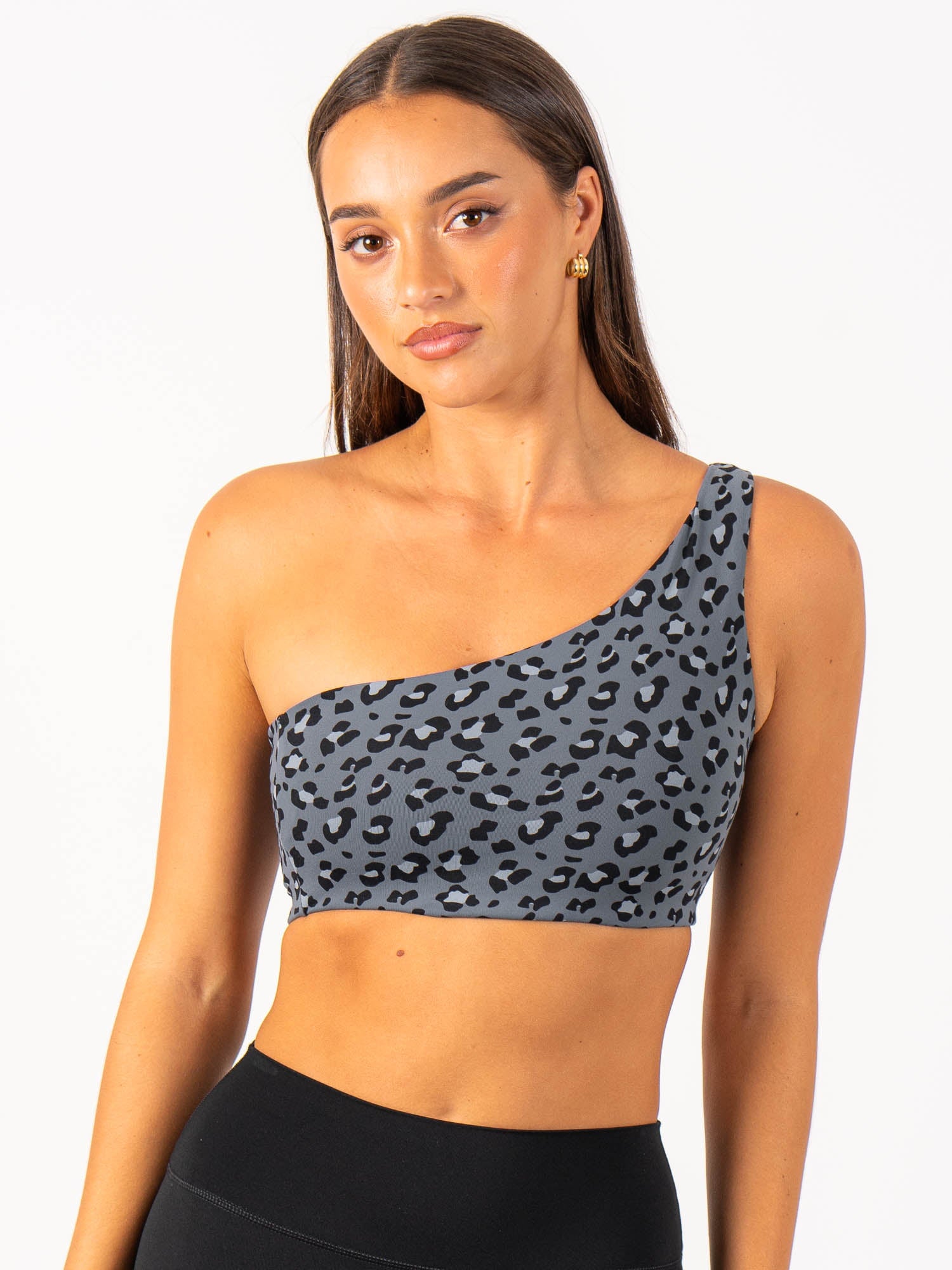 Adapt One Shoulder Sports Bra - Steel Blue Leopard