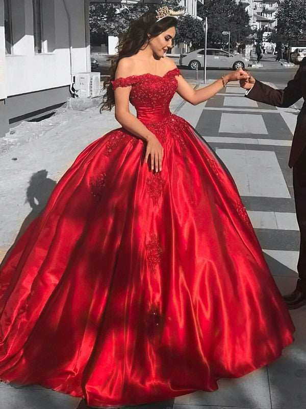Gorgeous Red Sweetheart Off-The-Shoulder Satin Ball Gown Wedding Dresses with Beads