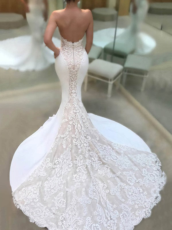Sexy V-Neck Strapless Mermaid Lace Satin Chapel Train Wedding Dresses