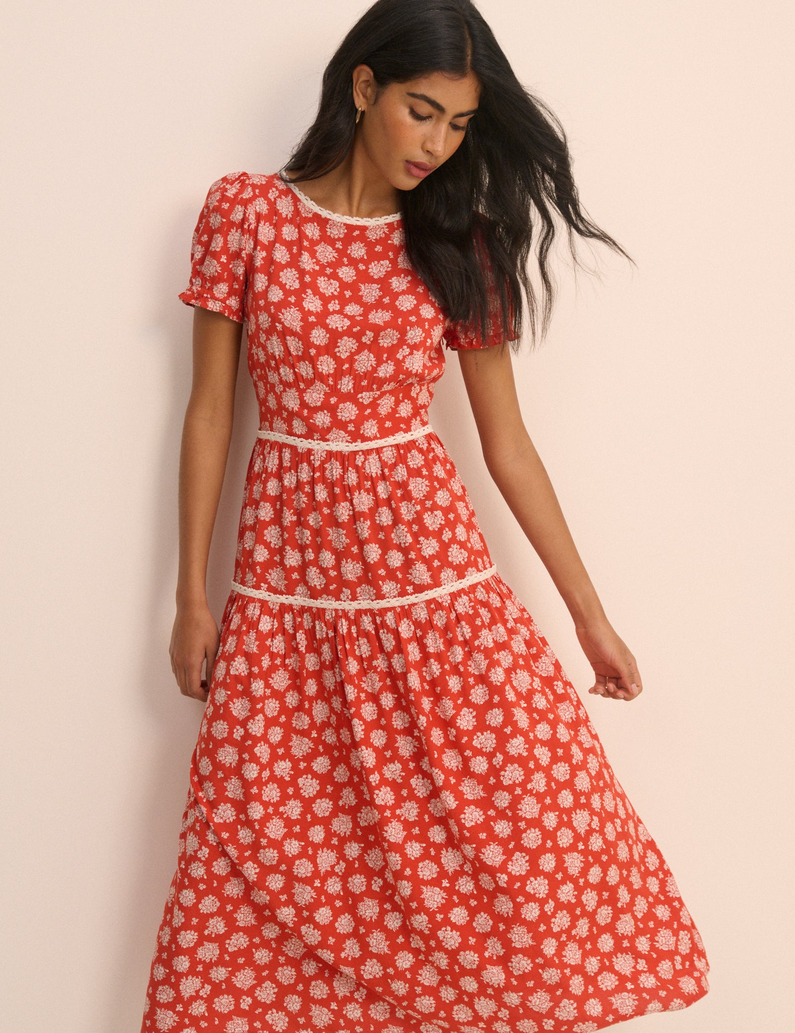 Red Ditsy Floral Tiered Dara Midi Dress