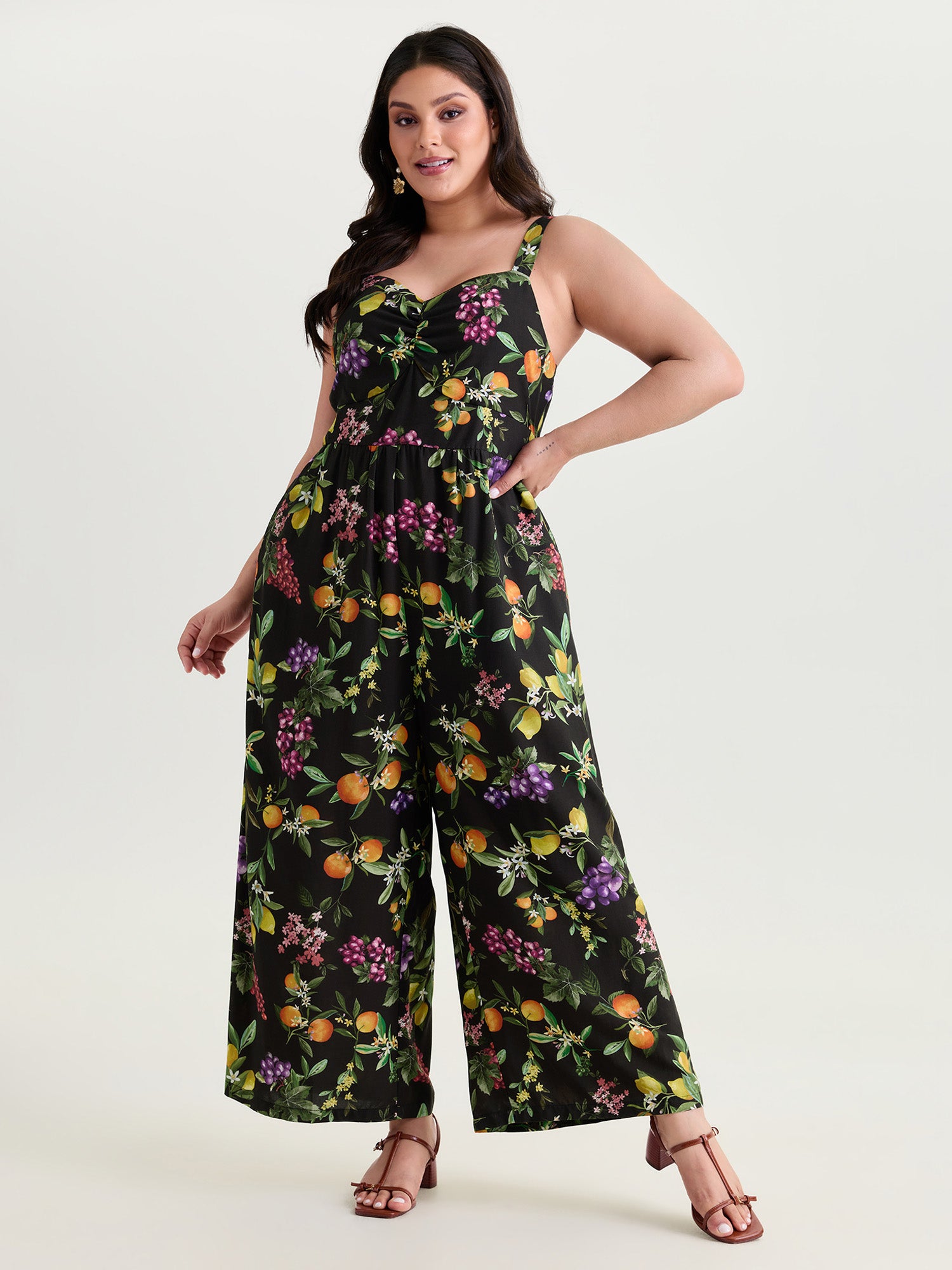 Floral Print Wide Straps Ruched Jumpsuit