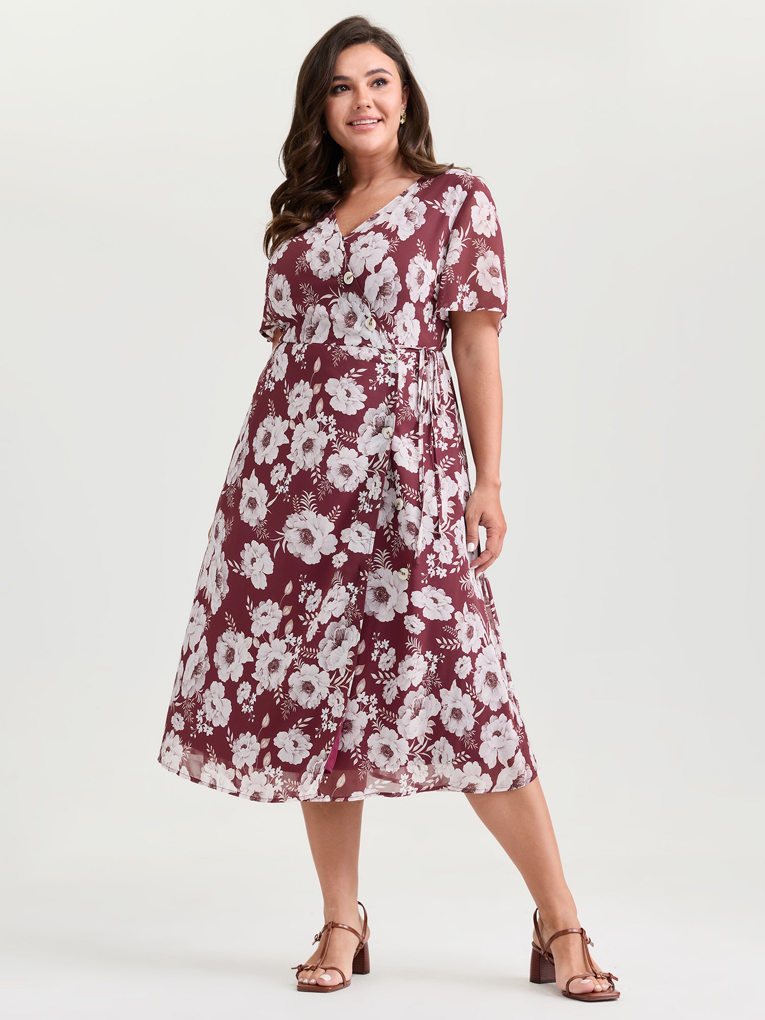 Floral Print Sheer Stretchy Waist Midi Dress