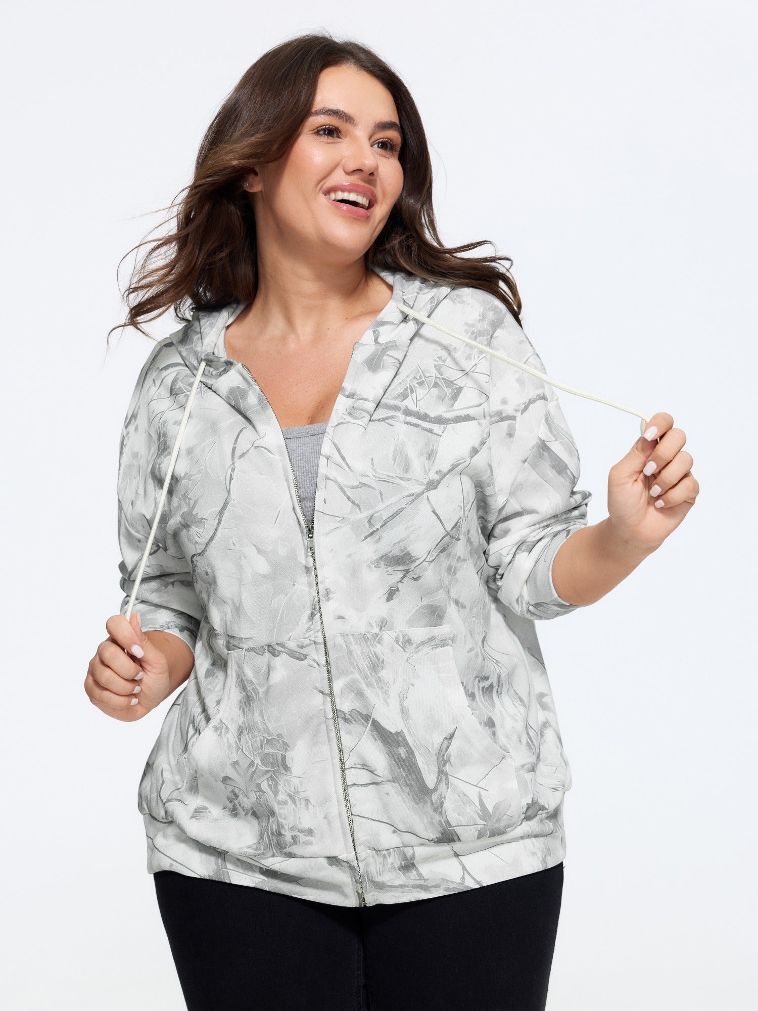 Abstract Print Full‑Zip Drawstring Hoodie