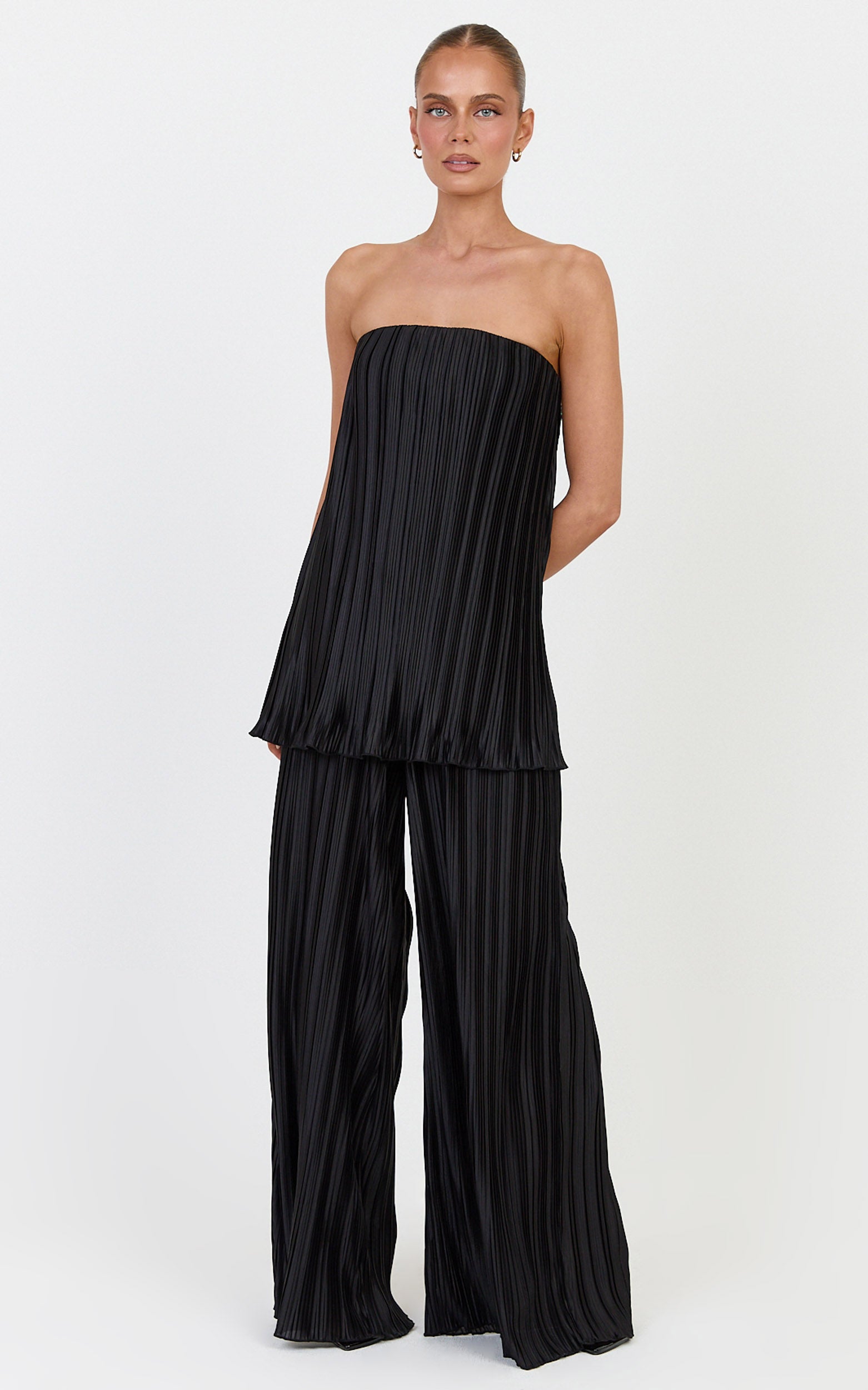 Evangeline Two Piece Top and Pants Set - Strapless Plisse Top & Pant Set in Black