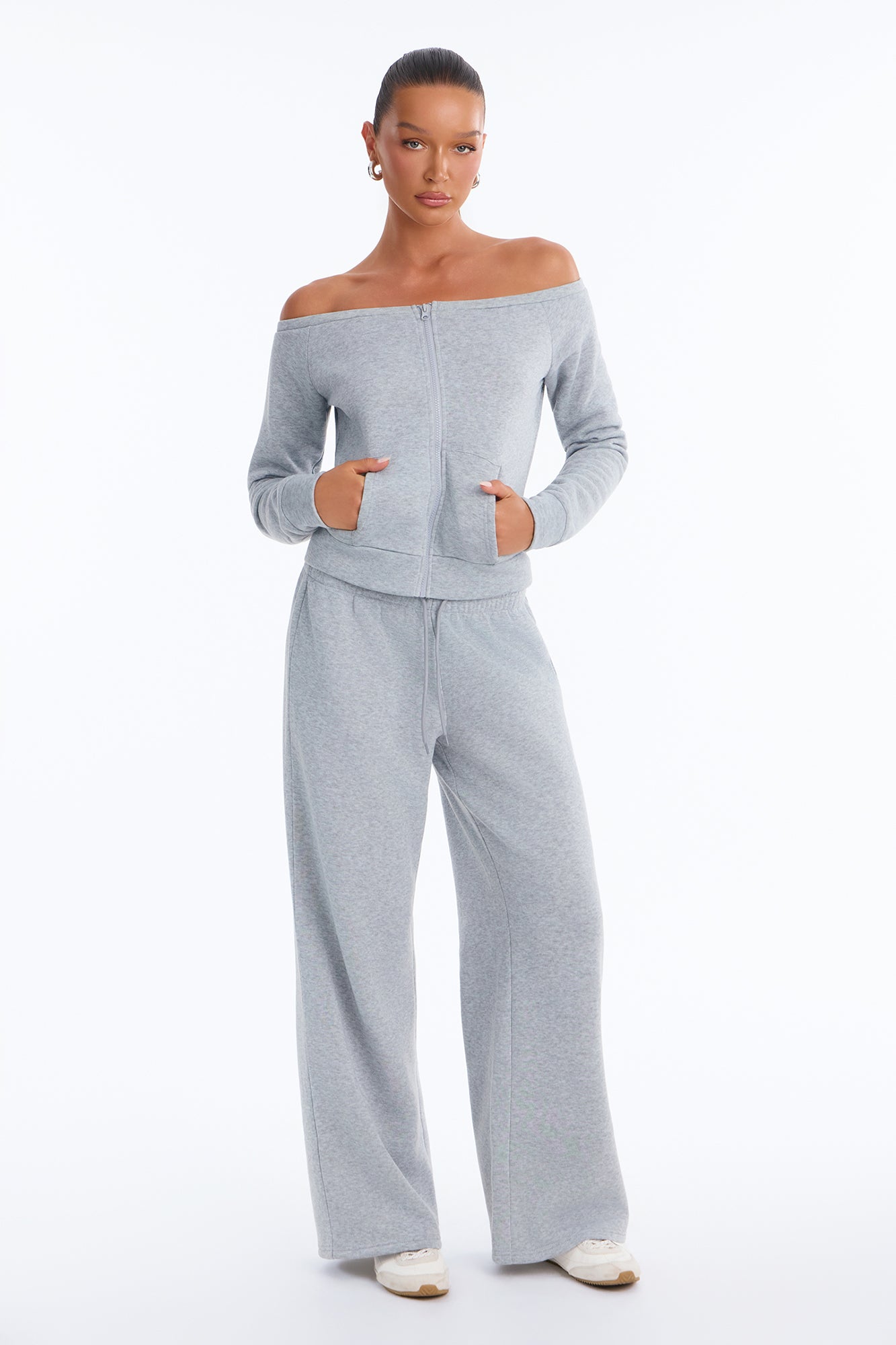 Jessie Off Shoulder Fleece Pant Set - Heather Grey