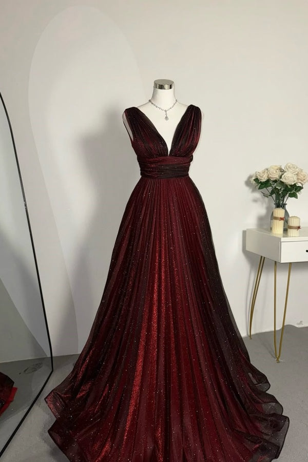 Red Black V-Neck Glittery Evening Dress
