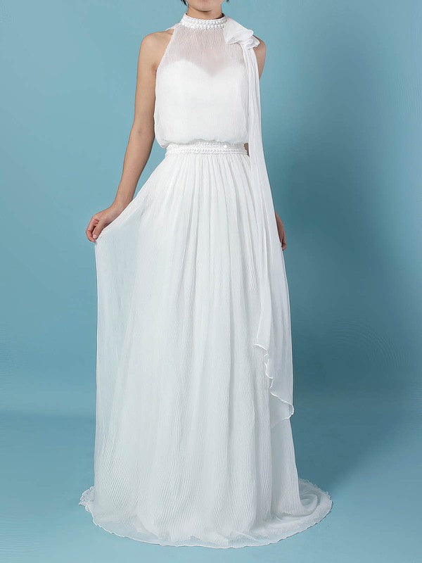 Stylish A-Line High Neck Chiffon Sweep Train Wedding Dresses with Beads