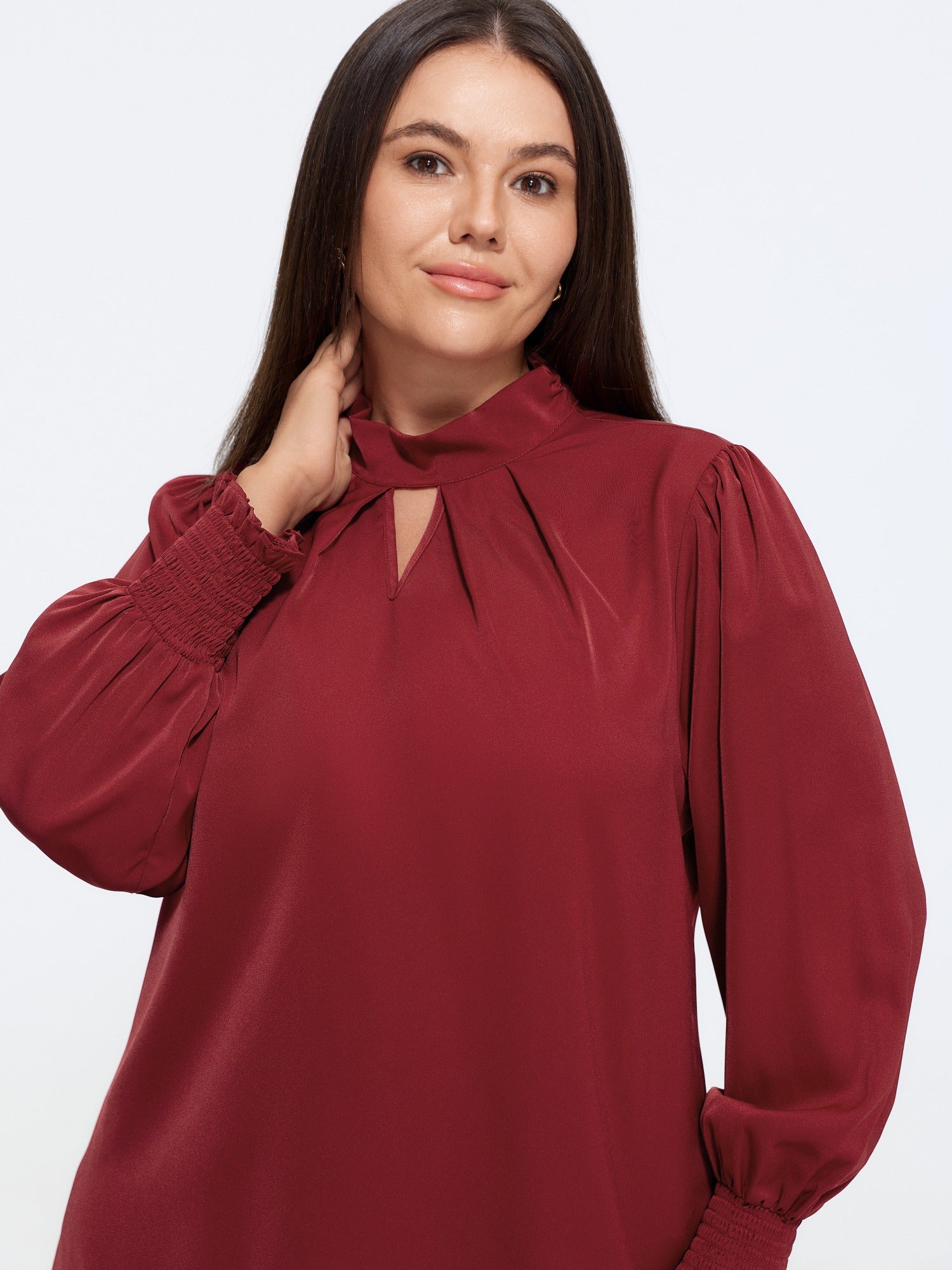 Mock Neck Keyhole Front Shirred Cuff Blouse