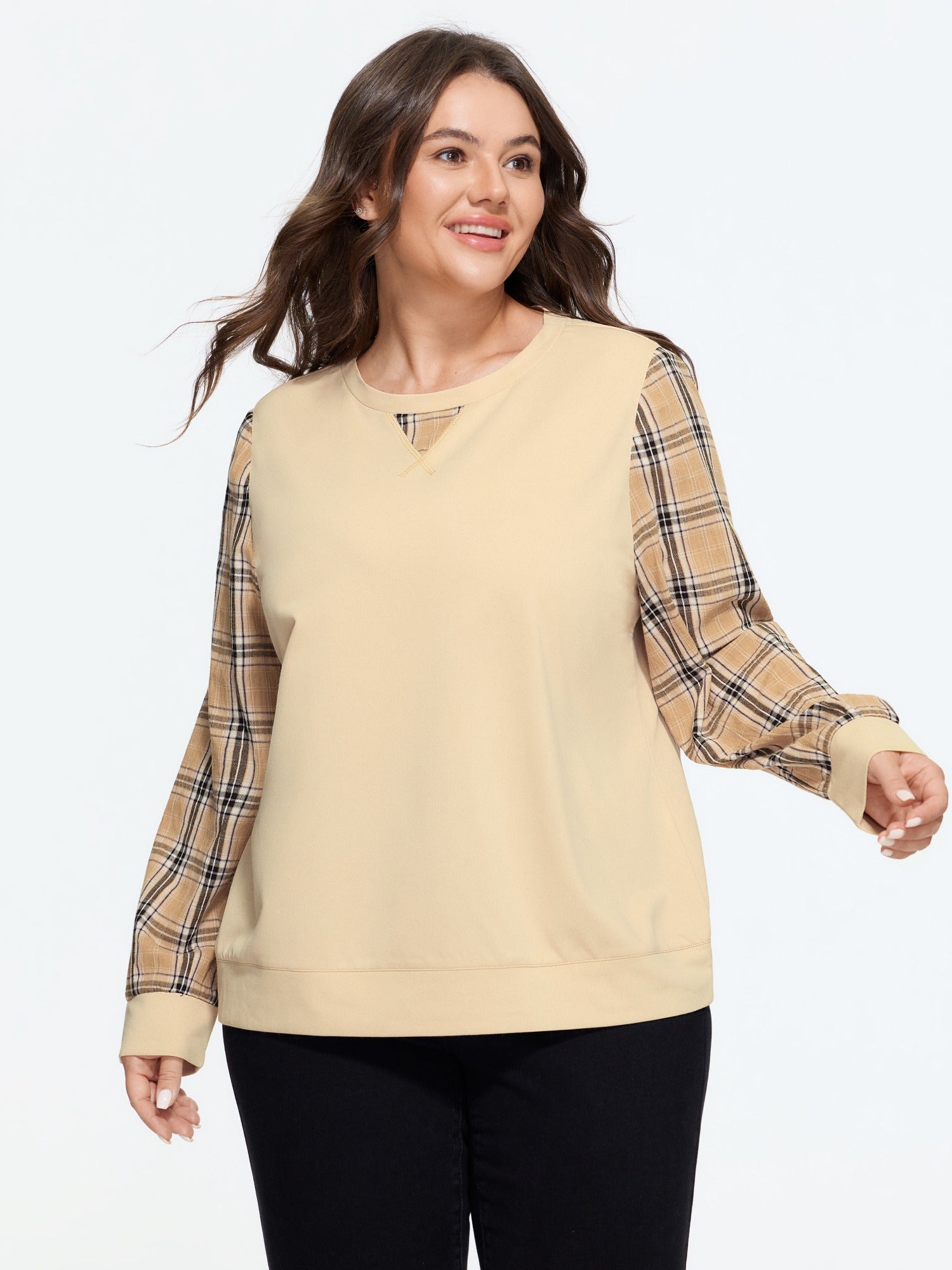 Supersoft Plaid Splice Long Sleeve Crew Neck Sweatshirt