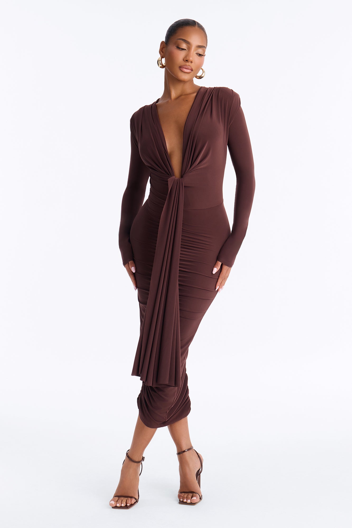 The Best Distraction Deep V Draped Midi Dress - Chocolate