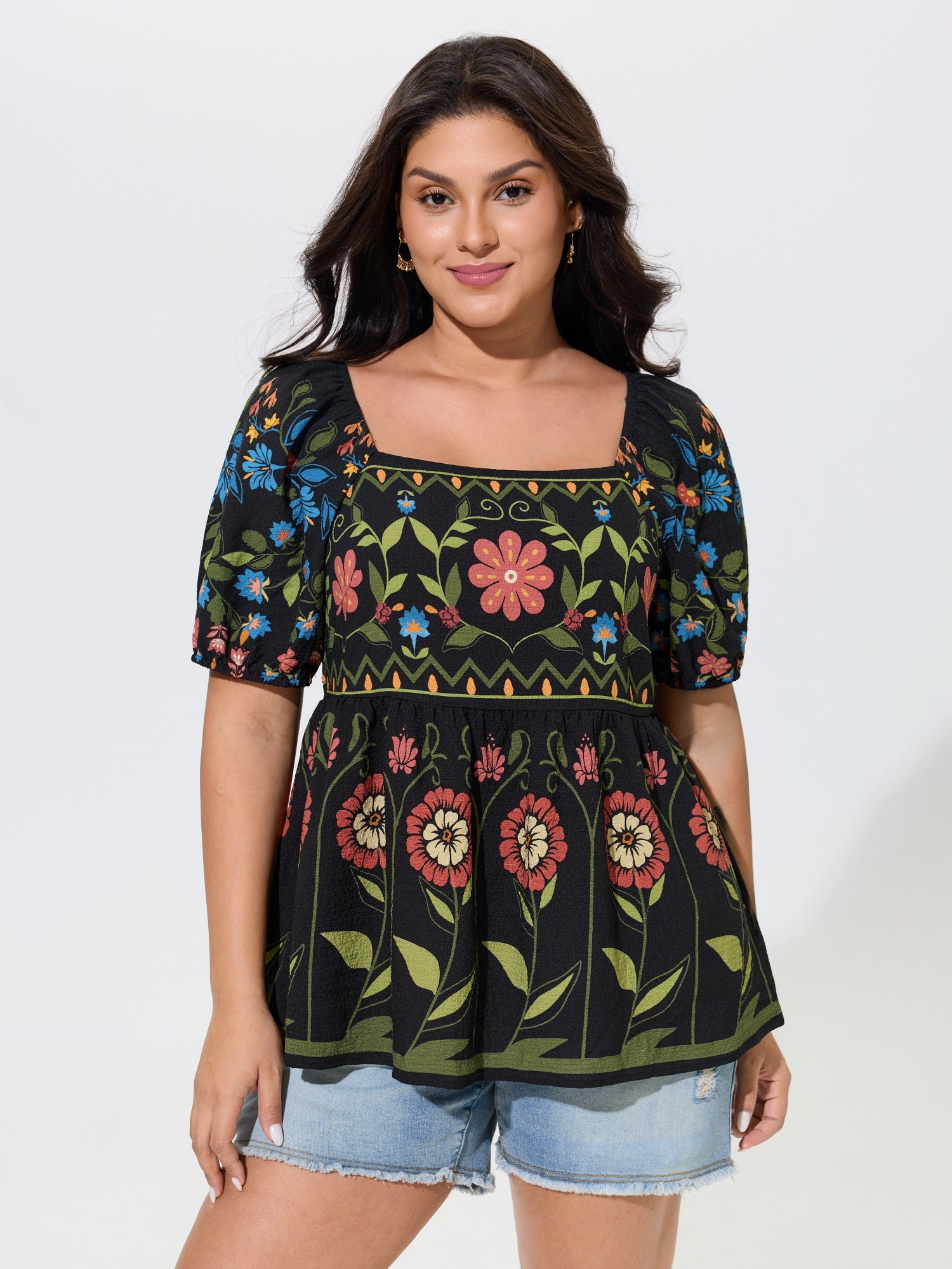 Boho Floral Square Neck Peplum Blouse