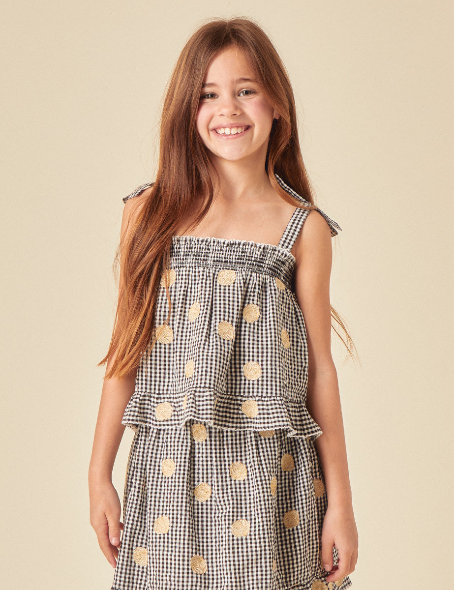 Girls Black Gingham Shell Embroidered Top