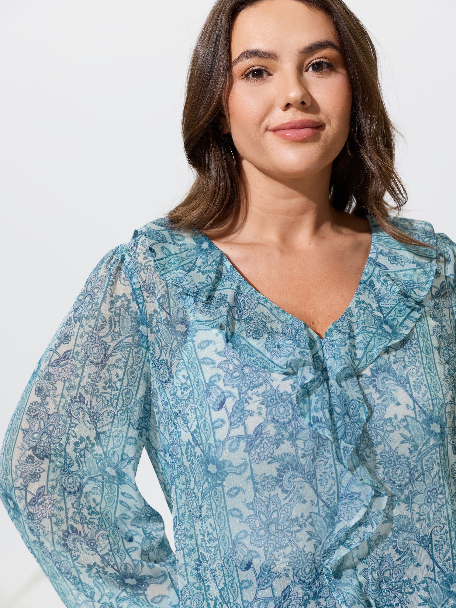 Floral Print V‑Neck Ruffle Trim Chiffon Blouse