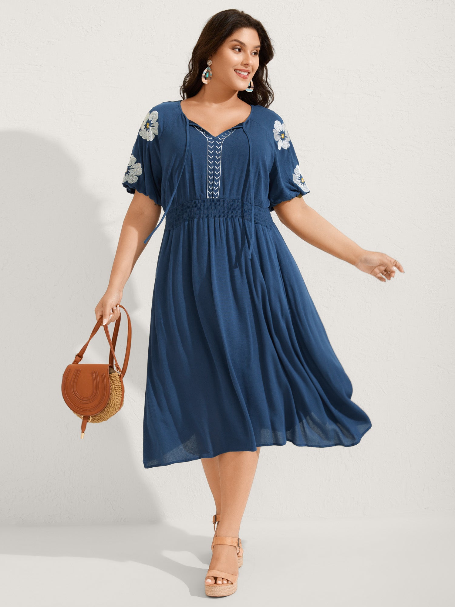 Floral Embroidered Shirred Waist Midi Dress