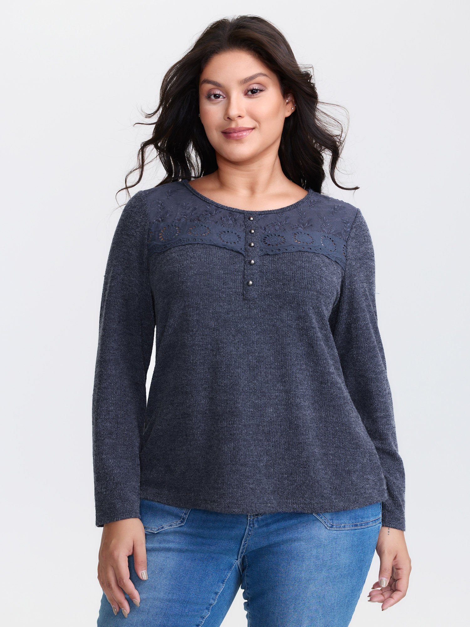 Ribbed Lace Trim Button Detail T-Shirt