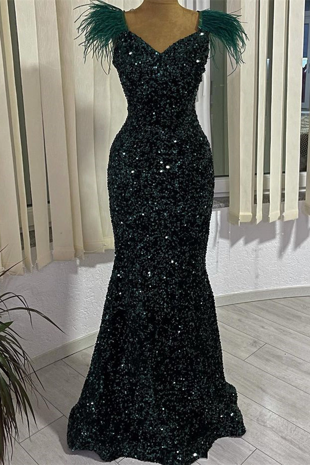 Dark Mermaid Green V-Neck Sequins Evening Dress With Feather