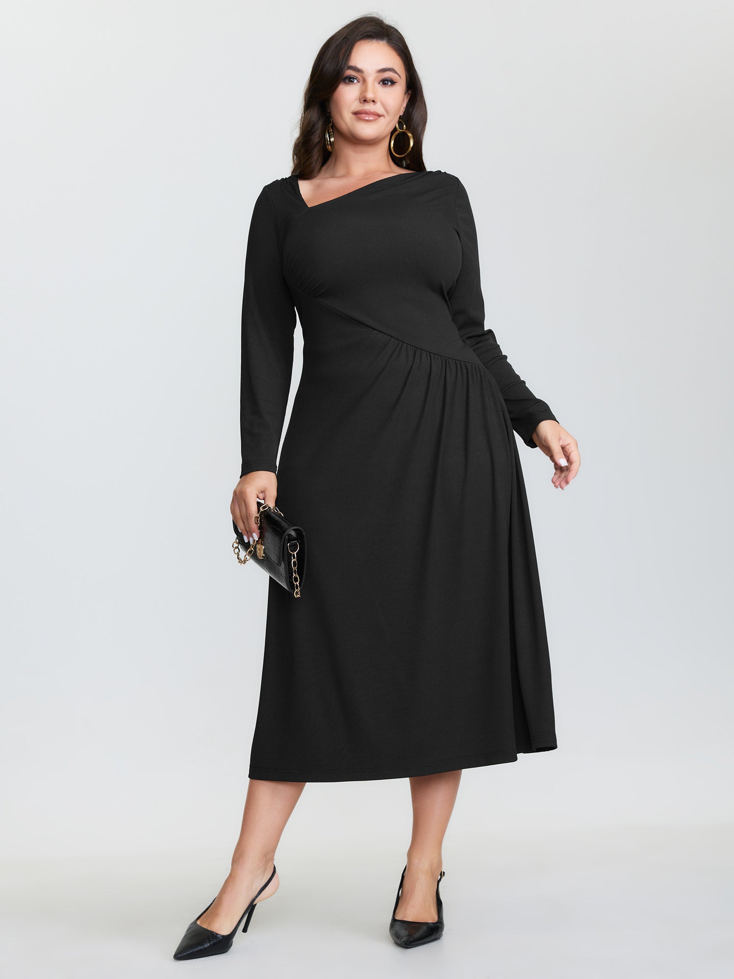 Asymmetrical Neckline Draped Knit Midi Dress