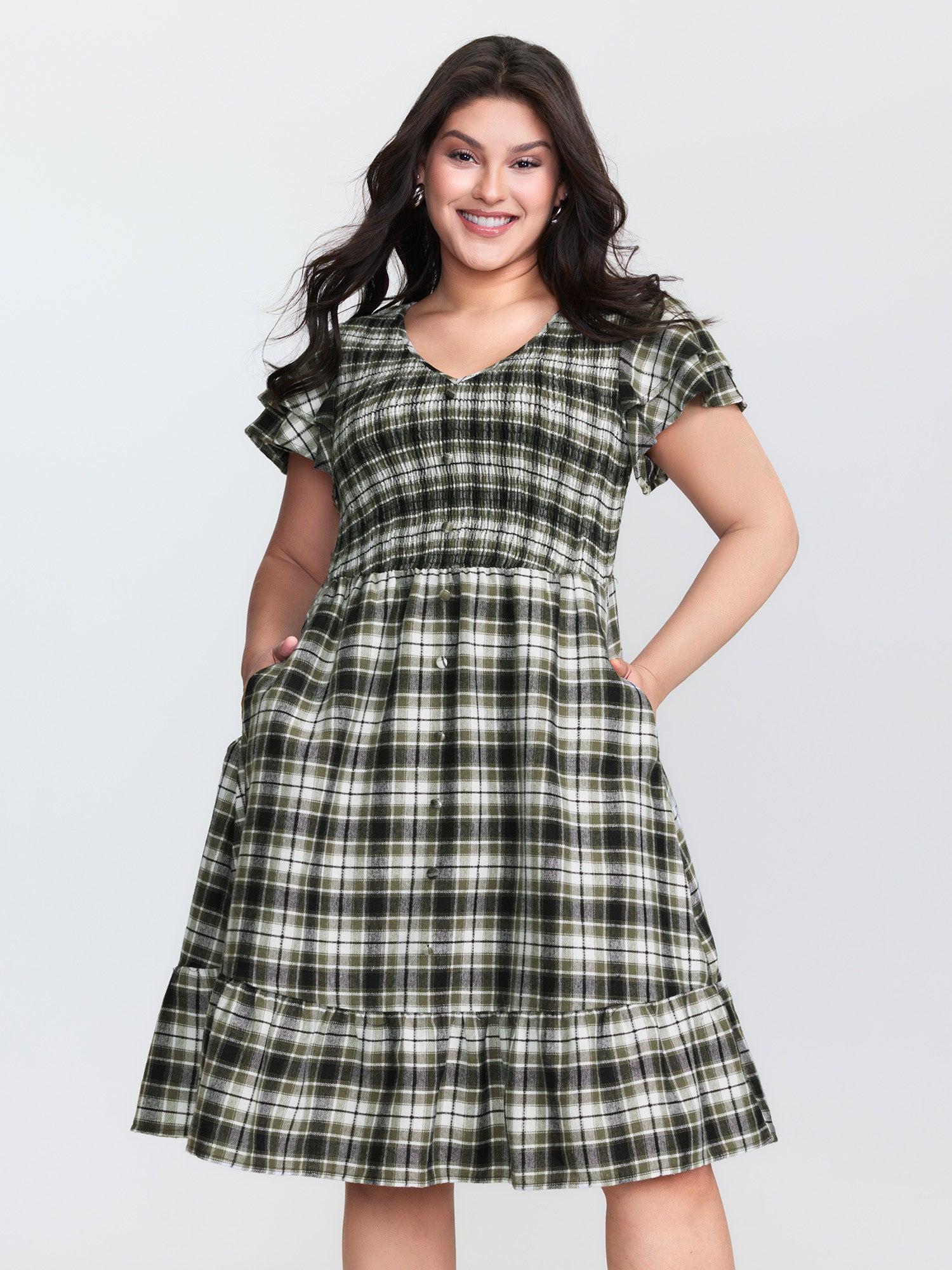 Checkered Print Shirred Waist Button Mini Dress
