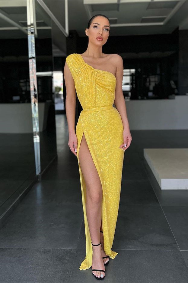 Yellow Mermaid One-Shoulder Evening Dress Sequins Split