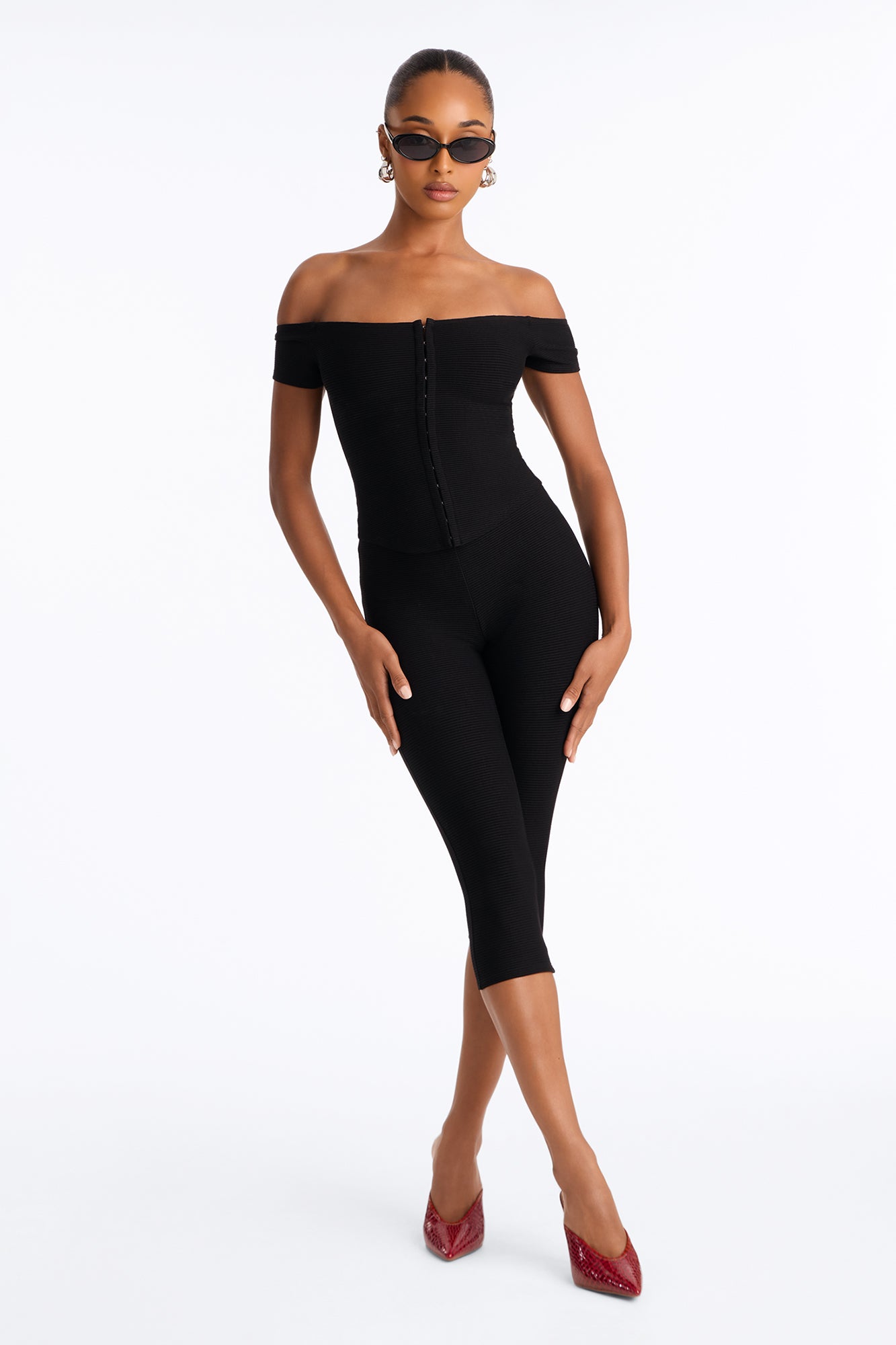 Simone Heavy Rib Capri Set - Black