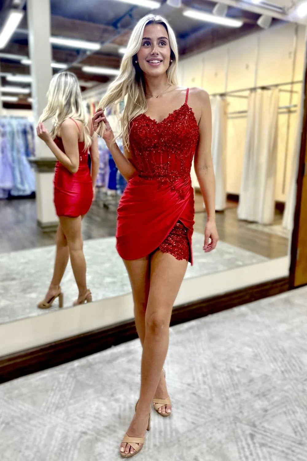 Red Corset Tight Short Corset Homecoming Dress/Mini Dress with Lace