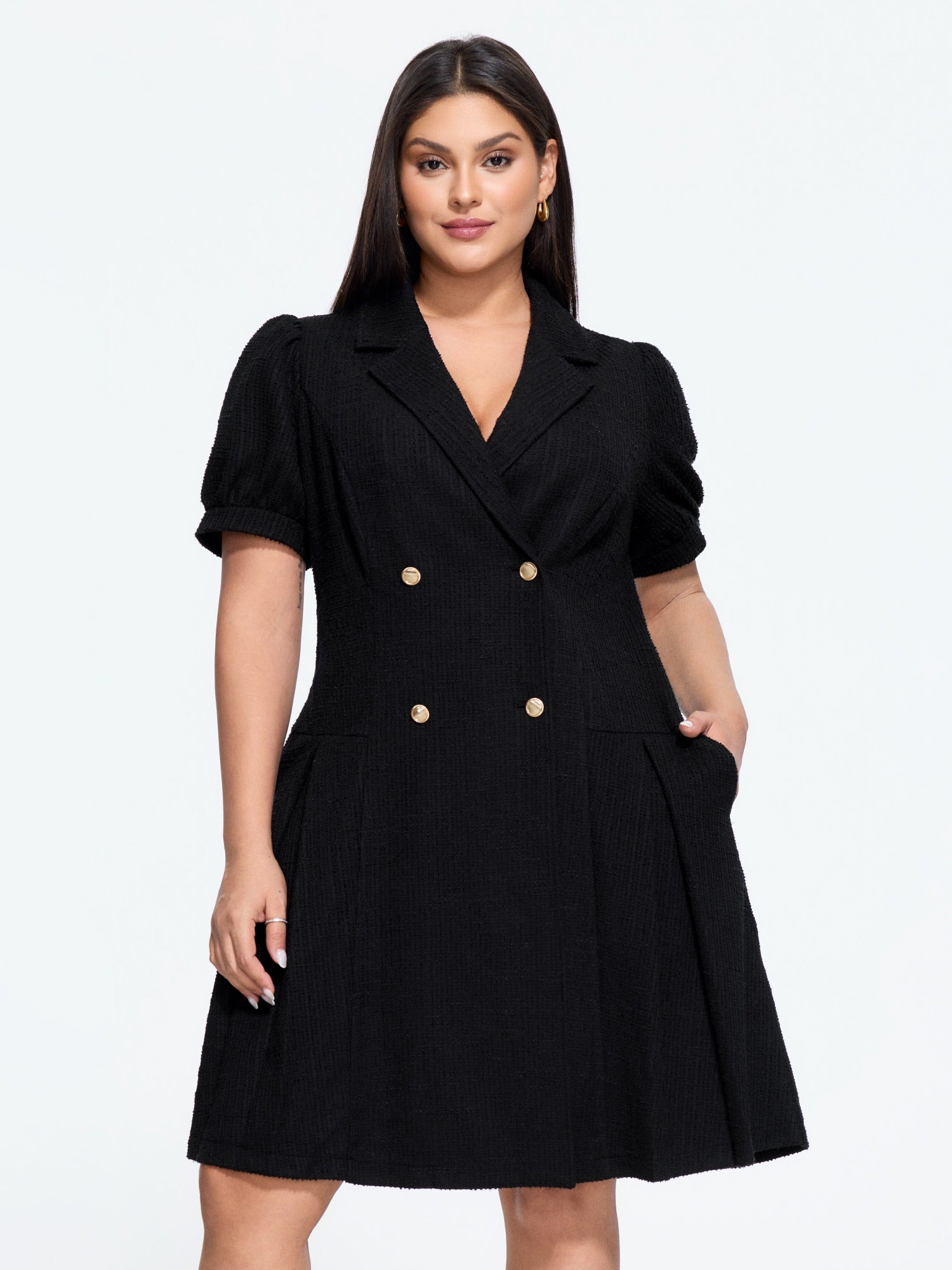 Tweed Lapel Collar Double‑Breasted Button Mini Dress
