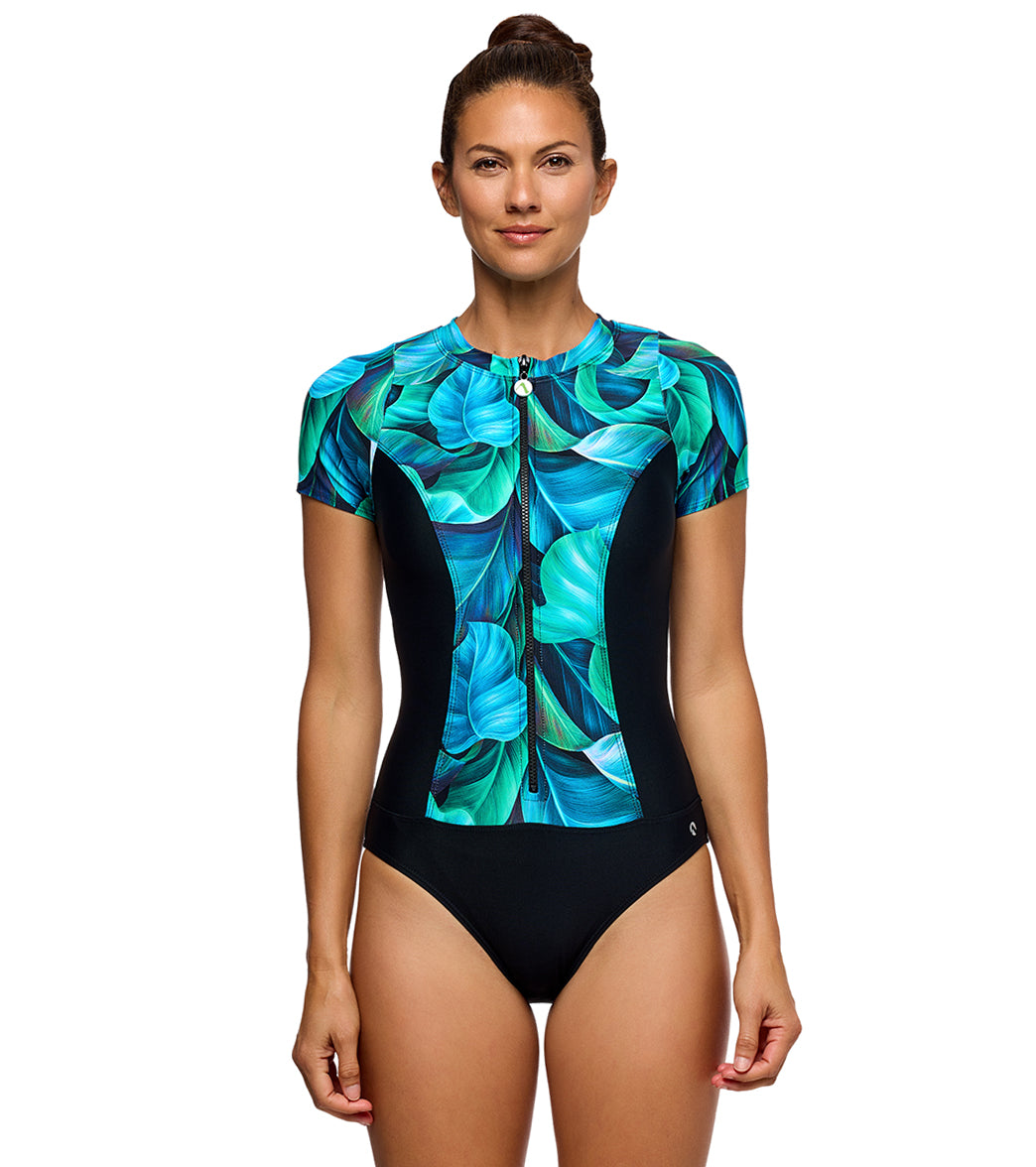 Next by Athena Women's Malibu Curacao Palms Zip Short Sleeve One Piece Swimsuit
