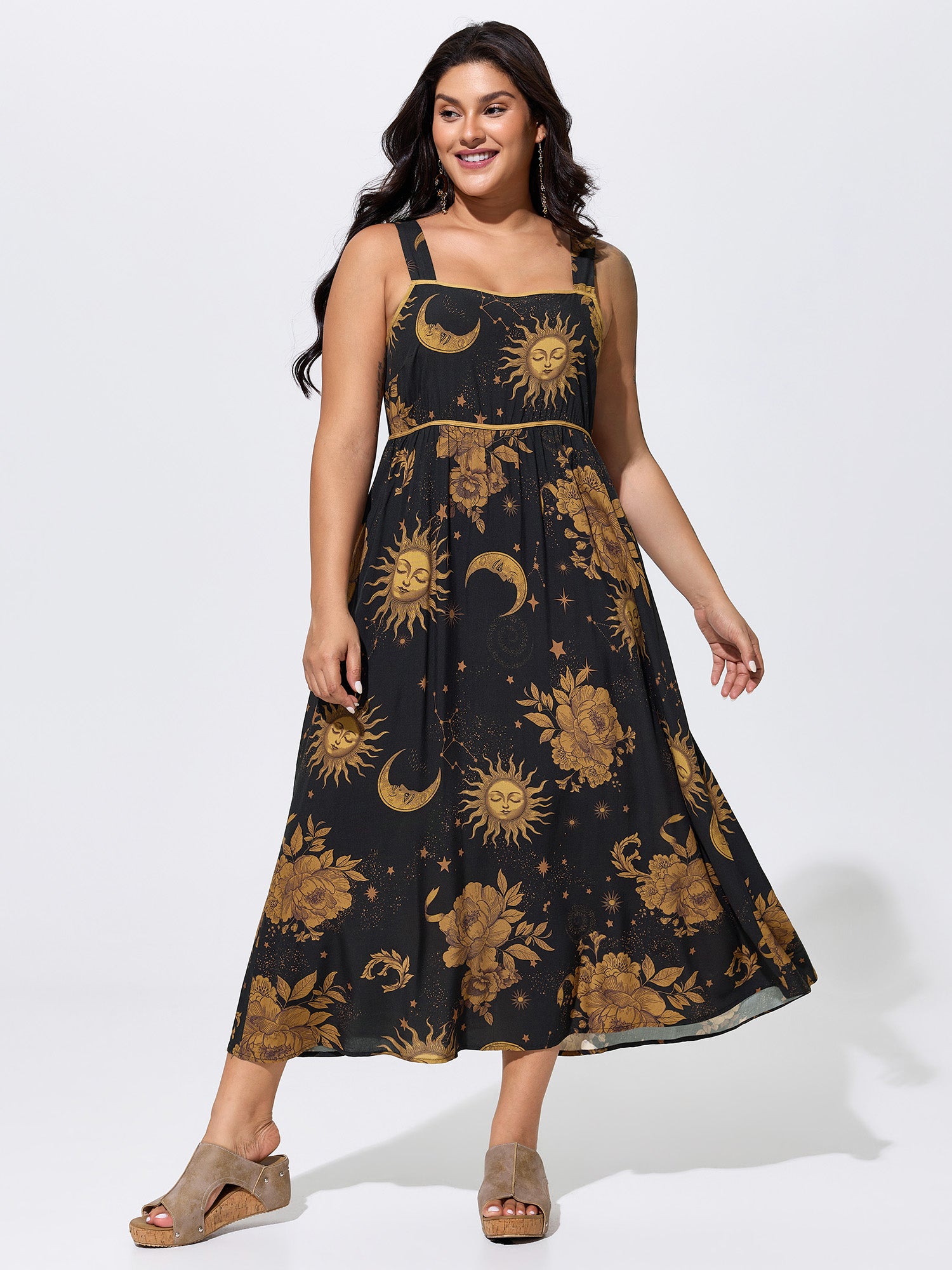 Celestial Print Wide Straps Maxi Dress