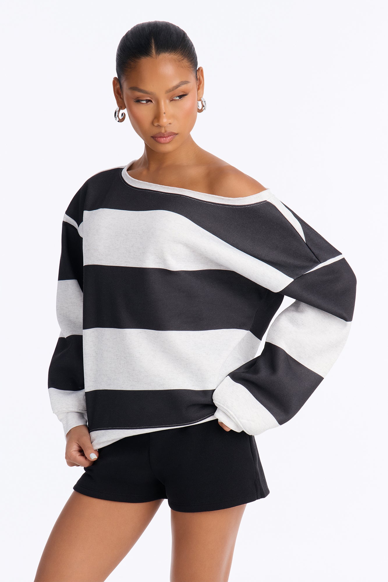 Eden Off Shoulder Stripe Fleece Lounge Top - Black/Grey
