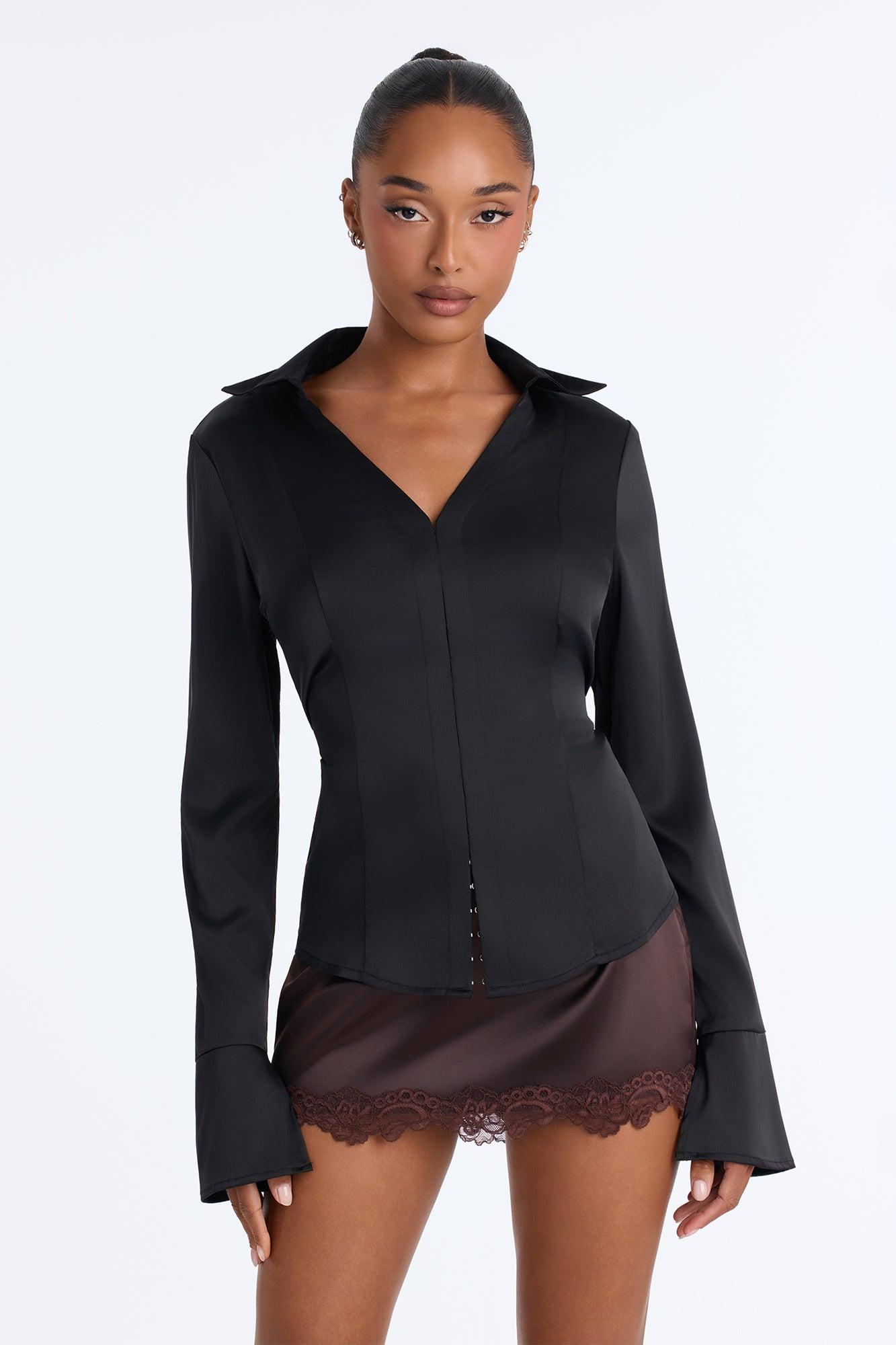 Flirty Temptation Satin Long Sleeve Blouse - Black