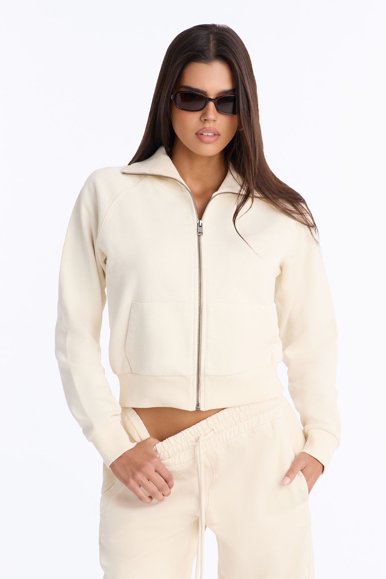 TERRY Funnel Neck Zip Sweatshirt - Washed Cream