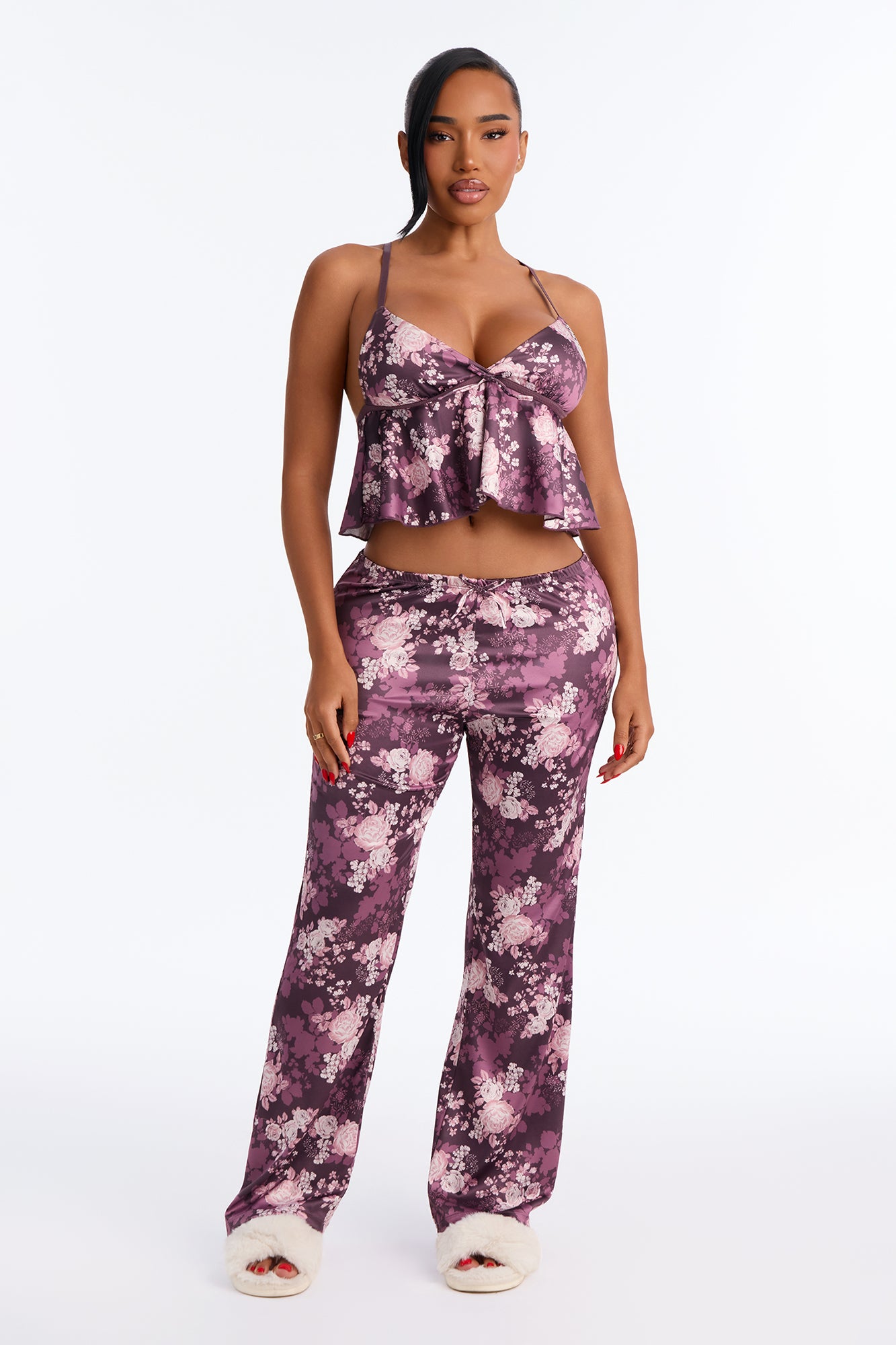 Moody Kisses Satin 2 Piece Cami & Pant Set - Plum/Multi