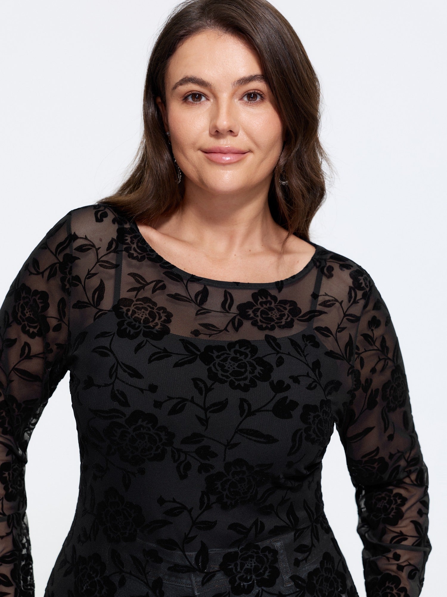 Sheer Floral Flocking Mesh T-Shirt