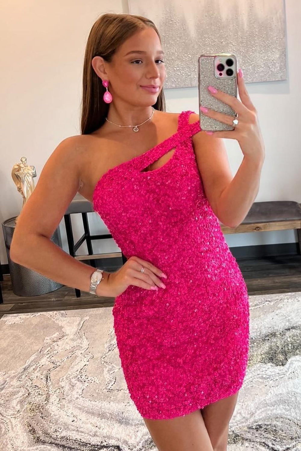 Hot Pink Open Back One Shoulder Tight Sequins Homecoming Dress/Mini Dress