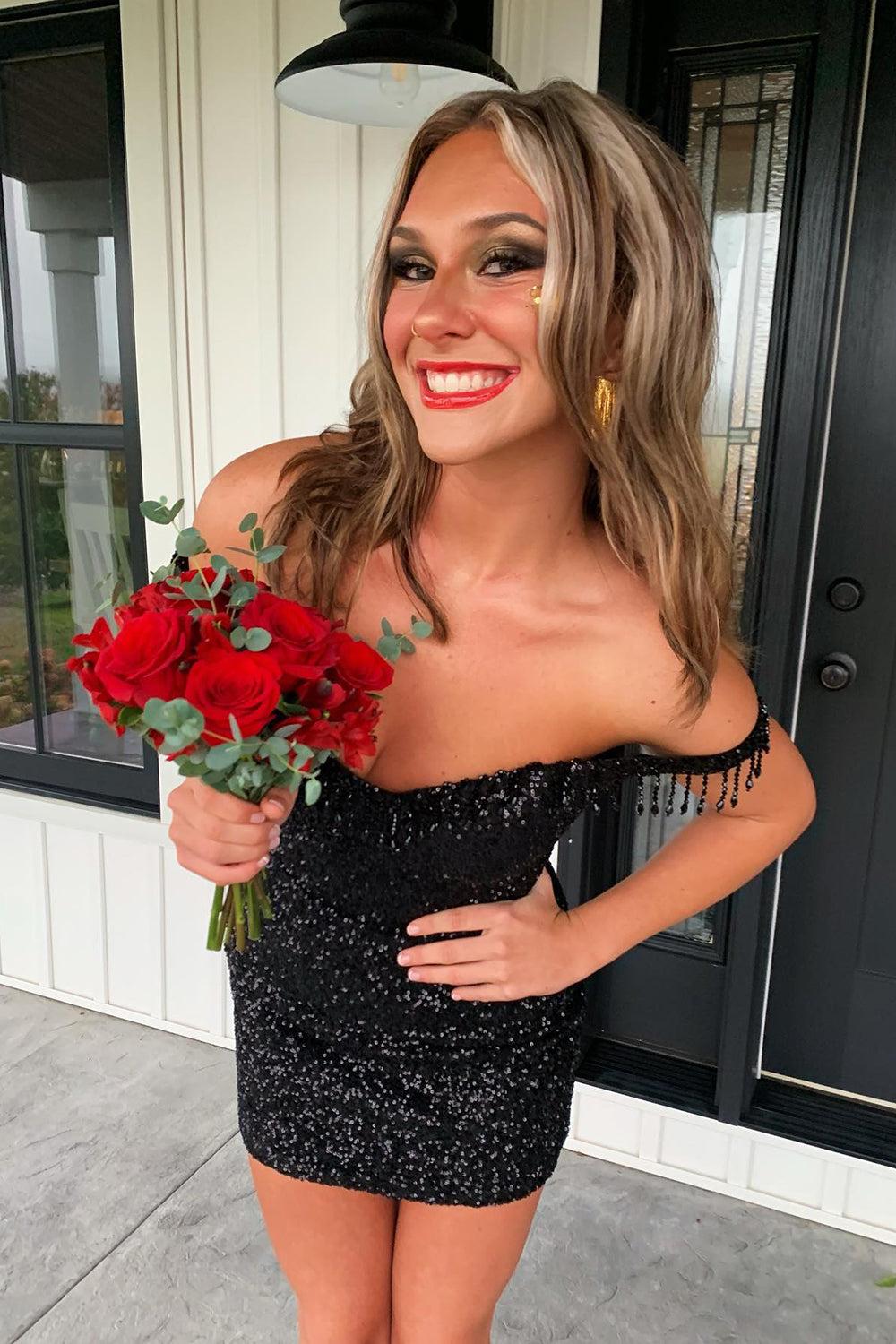 Sparkly Black Off The Shoulder Tight Short Homecoming Dress/Mini Dress with Fringes