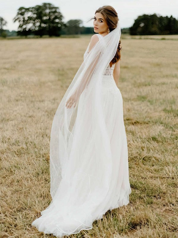 Beautiful A-Line Deep V-Neck Sleeveless Tulle Wedding Dresses with Sweep Train