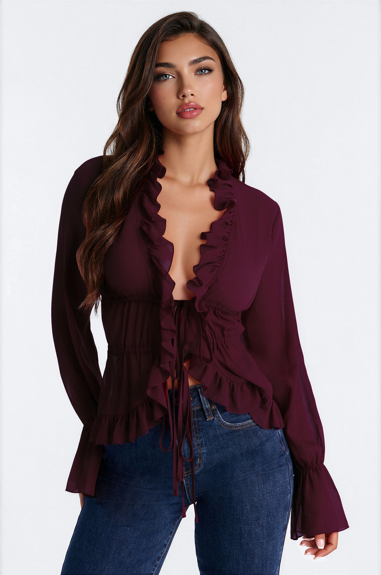 About Me Flyaway Chiffon Ruffle Top - Plum